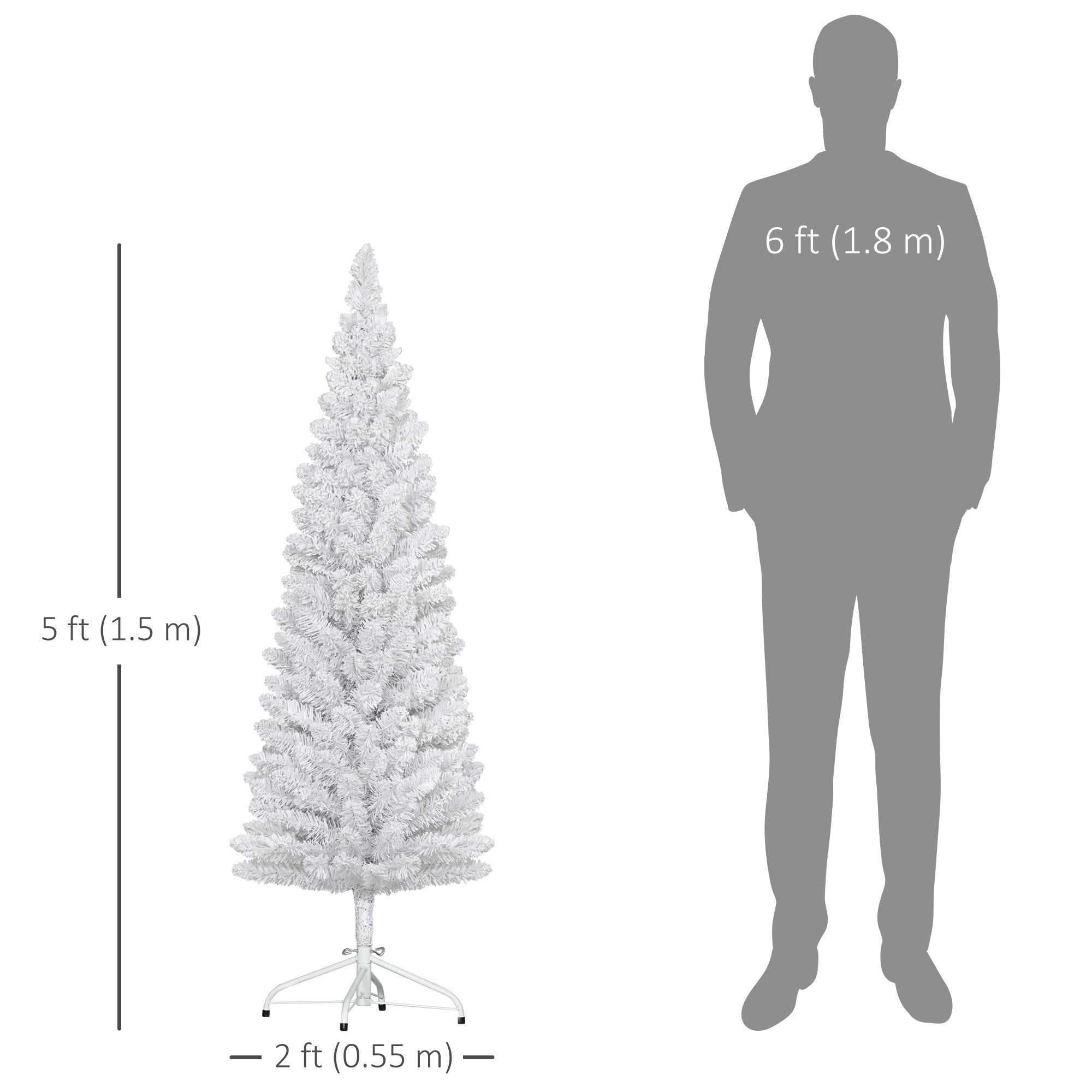 HOMCOM 5ft Snow Flocked Pencil Christmas Tree, Slim Artificial Christmas Tree with 246 Branch Tips and Metal Base, Home Indoor Party Holiday Decoration, White