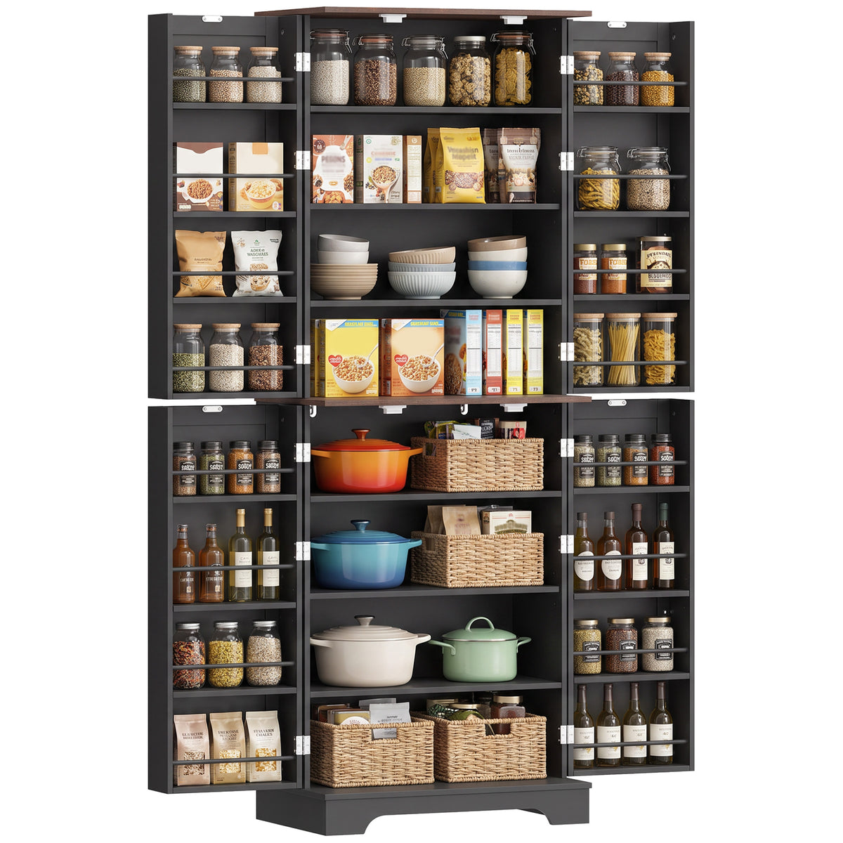 65" Tall Kitchen Pantry Cabinet, Adjustable Shelves, Farmhouse Storage Cabinet with 8 Shelves and 16 Door Racks, Freestanding Food Pantry, Barn Doors, Brown Black