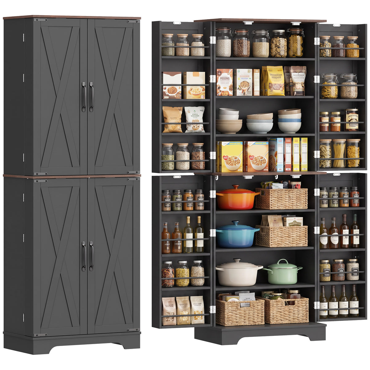 65" Tall Kitchen Pantry Cabinet, Adjustable Shelves, Farmhouse Storage Cabinet with 8 Shelves and 16 Door Racks, Freestanding Food Pantry, Barn Doors, Brown Black