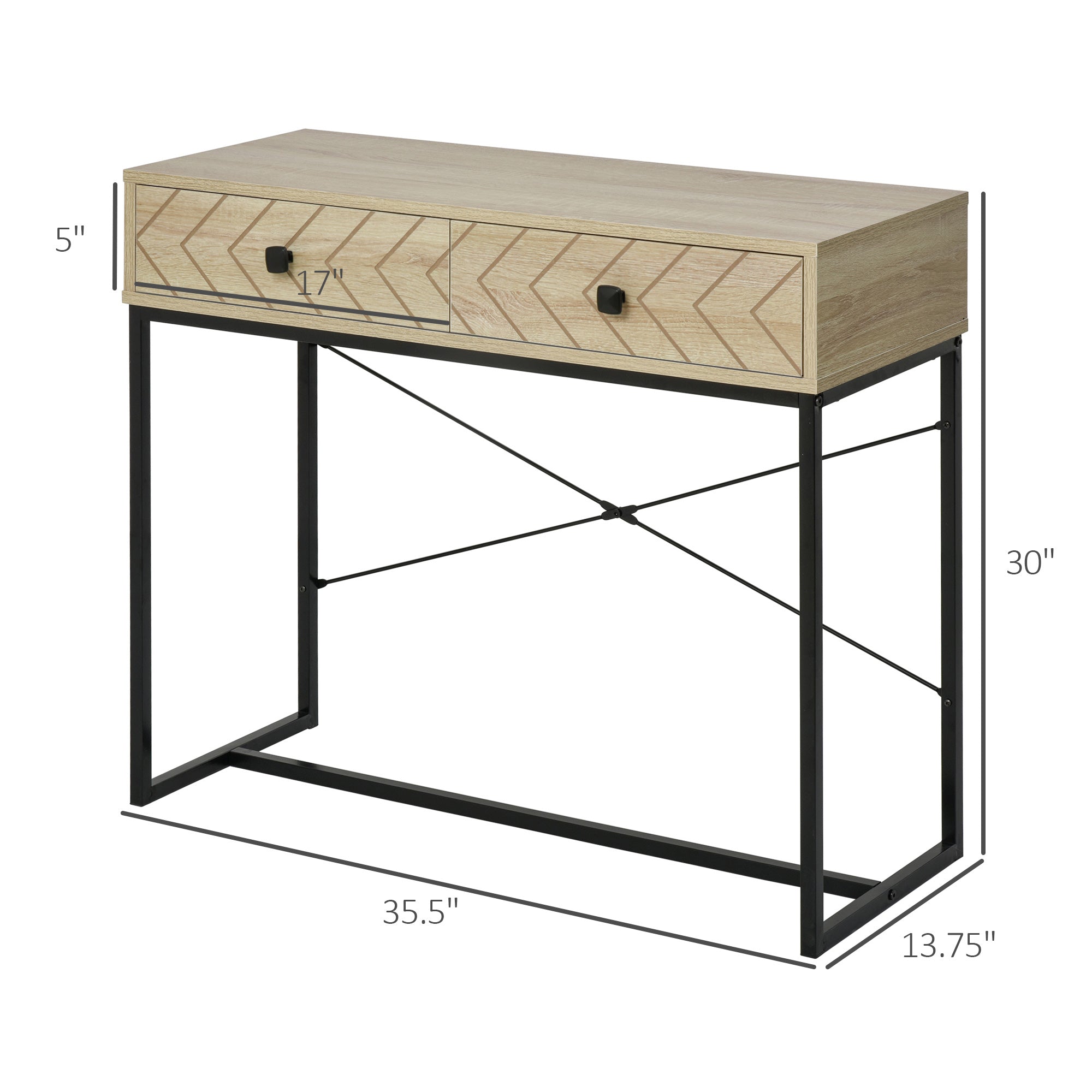 HOMCOM Industrial Console Table with 2 Storage Drawers, Elegant Side Table with Metal Frame and Back X-Bar for Living Room, Study Room, Office