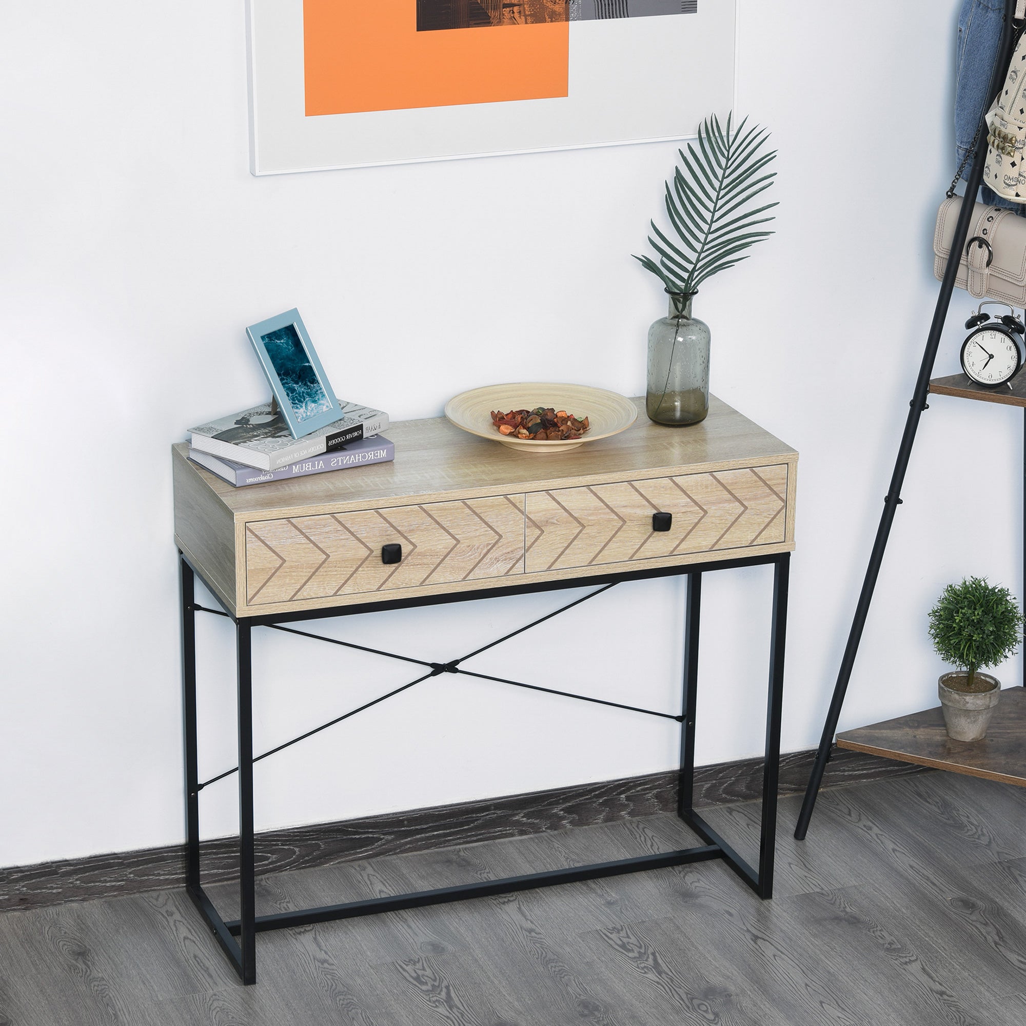 HOMCOM Industrial Console Table with 2 Storage Drawers, Elegant Side Table with Metal Frame and Back X-Bar for Living Room, Study Room, Office