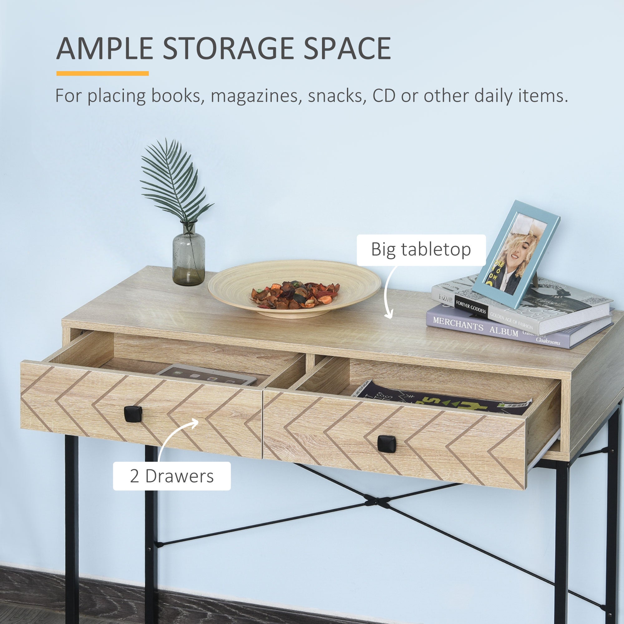 HOMCOM Industrial Console Table with 2 Storage Drawers, Elegant Side Table with Metal Frame and Back X-Bar for Living Room, Study Room, Office