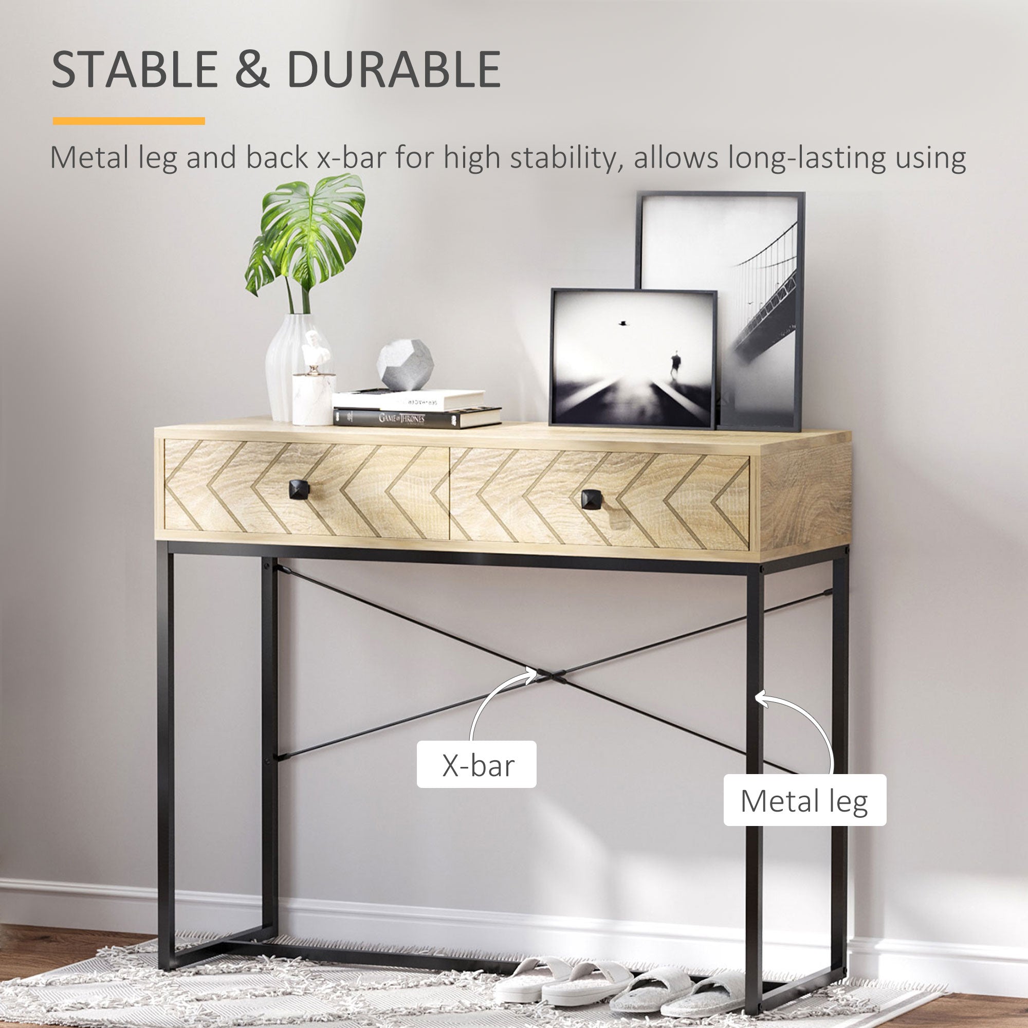 HOMCOM Industrial Console Table with 2 Storage Drawers, Elegant Side Table with Metal Frame and Back X-Bar for Living Room, Study Room, Office