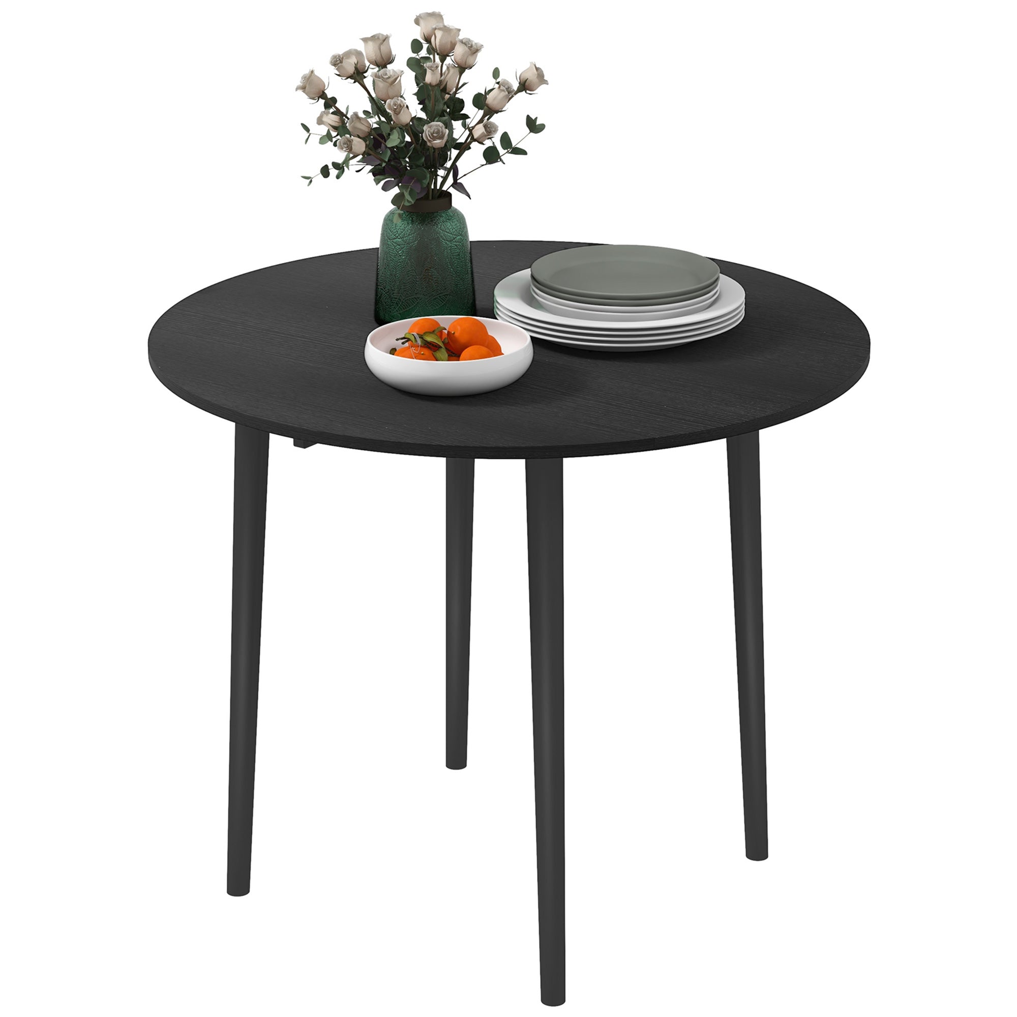 Folding Dining Table, Round Drop Leaf Kitchen Table for Small Spaces with Wood Legs, Black - HOMCOM