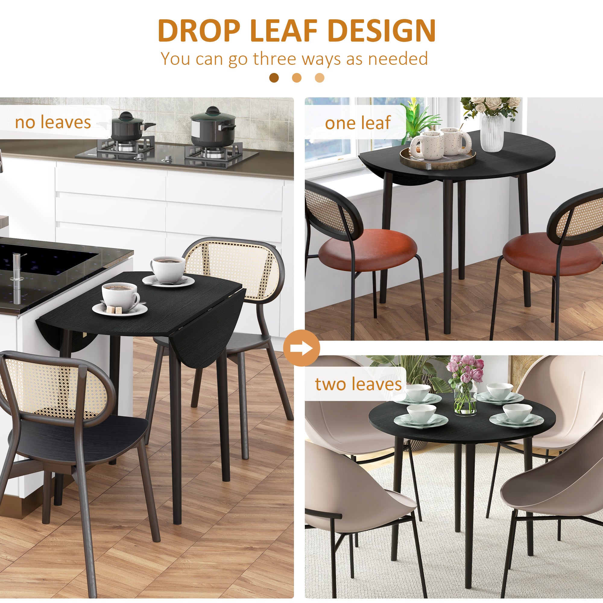 Folding Dining Table, Round Drop Leaf Kitchen Table for Small Spaces with Wood Legs, Black - HOMCOM