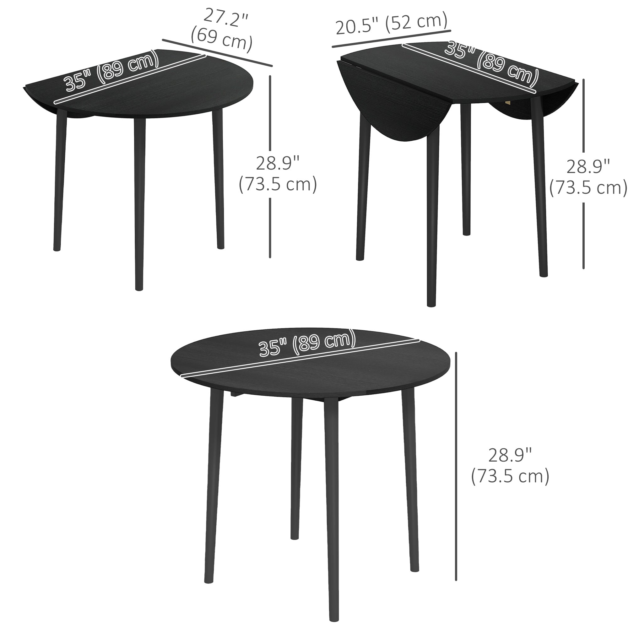 HOMCOM Folding Dining Table, Round Drop Leaf Table for Small Spaces, Foldable Table with Wood Legs for Kitchen, Dining Room, Distressed Black