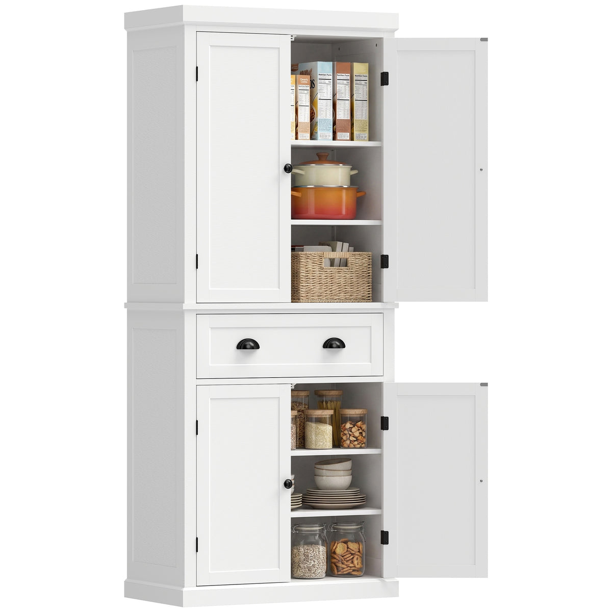 Tall Kitchen Cupboard, 183 cm Freestanding Storage Cabinet with Drawer, 4 Doors and Adjustable Shelves, Kitchen Pantry Cupboard for Living Room, Dining Room, White