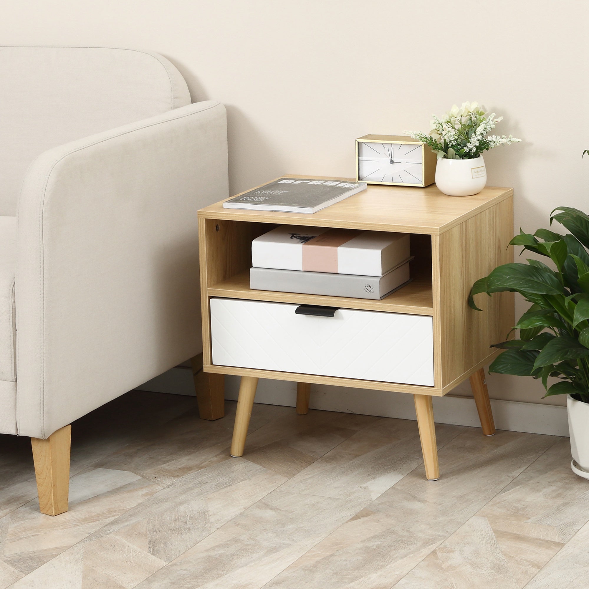 HOMCOM Nightstand with Drawer and Shelf, Modern Sofa Side Table, End Table for Bedroom, Natural