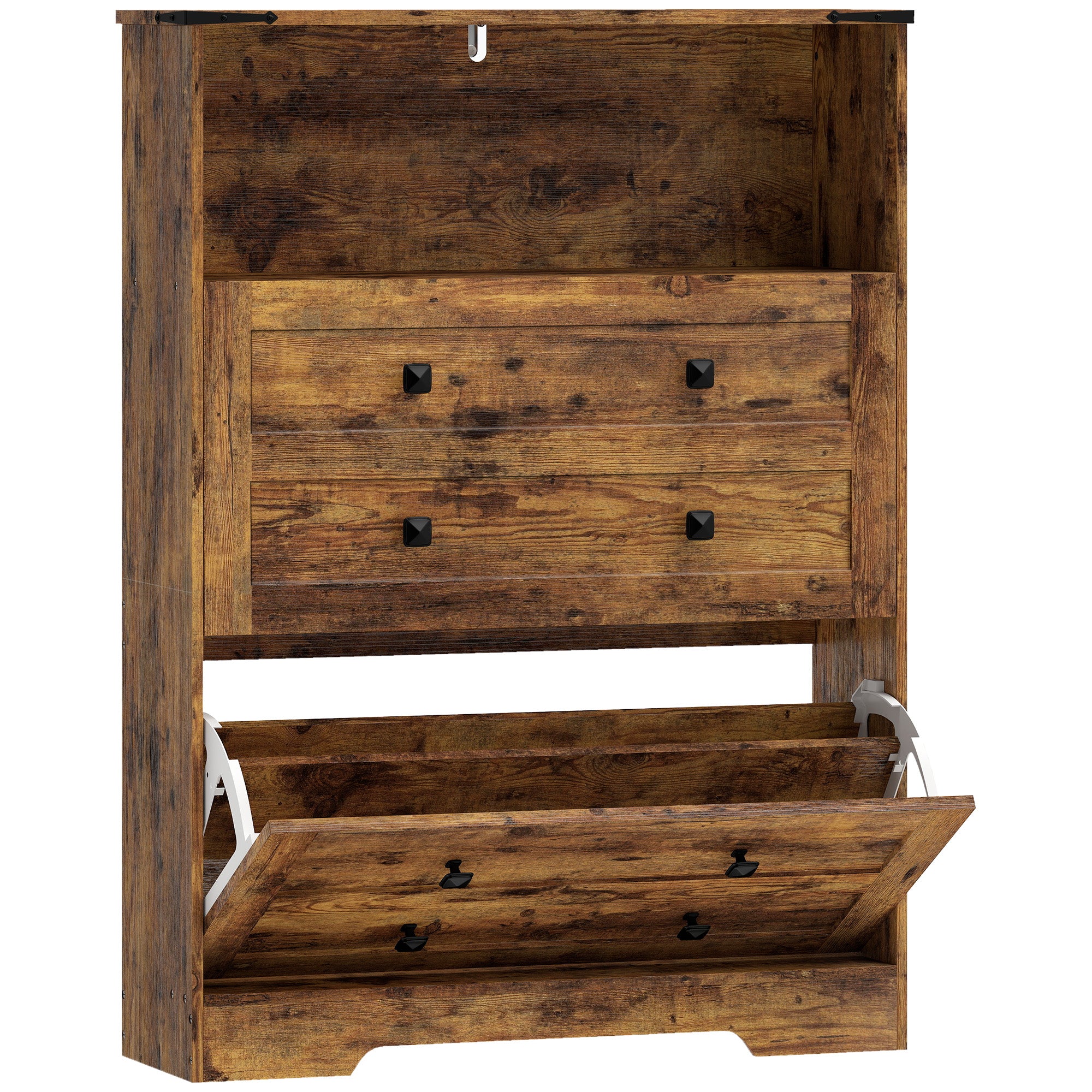 Shoe Cabinet with 2 Flip Drawers, Narrow Shoe Storage Cabinet with Adjustable Shelves and Open Shelf, Farmhouse Storage Organizer for Entryway, Hallway, Holds 12-16 Pairs, Rustic Brown