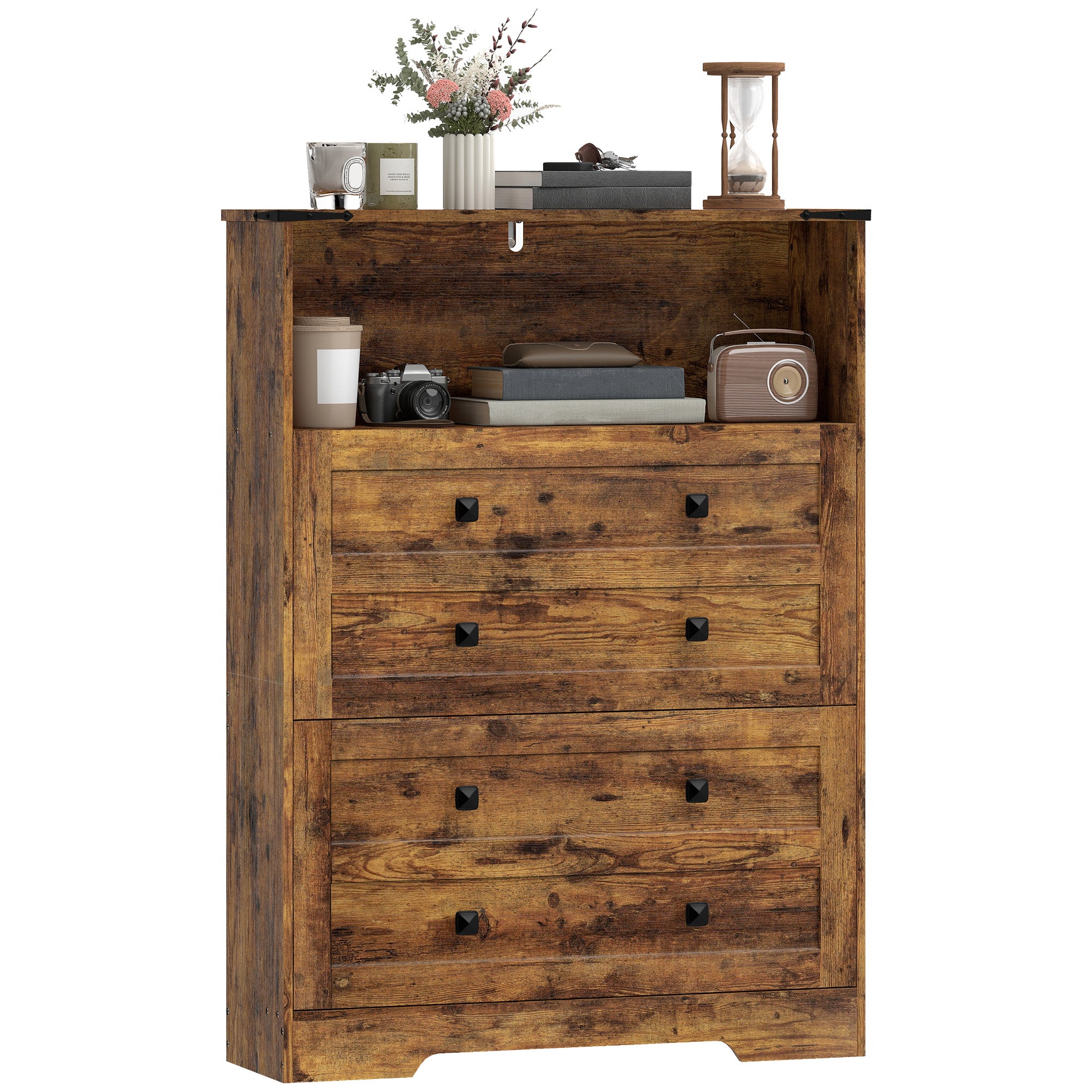 Shoe Cabinet with 2 Flip Drawers, Narrow Shoe Storage Cabinet with Adjustable Shelves and Open Shelf, Farmhouse Storage Organizer for Entryway, Hallway, Holds 12-16 Pairs, Rustic Brown