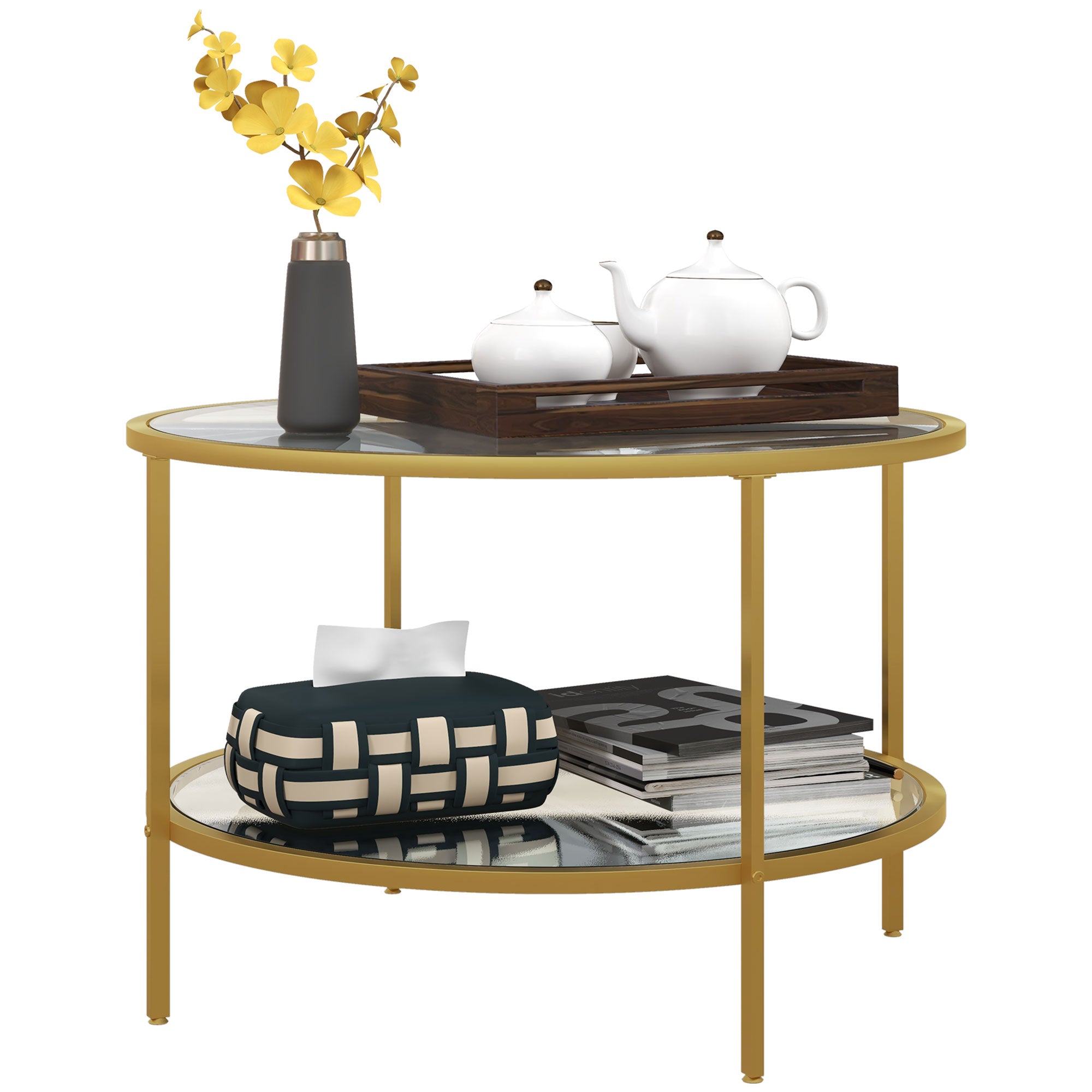 26" Round End Table w/ Storage, 2-Tier Tempered Glass Coffee Table w/ Steel Frame, Gold