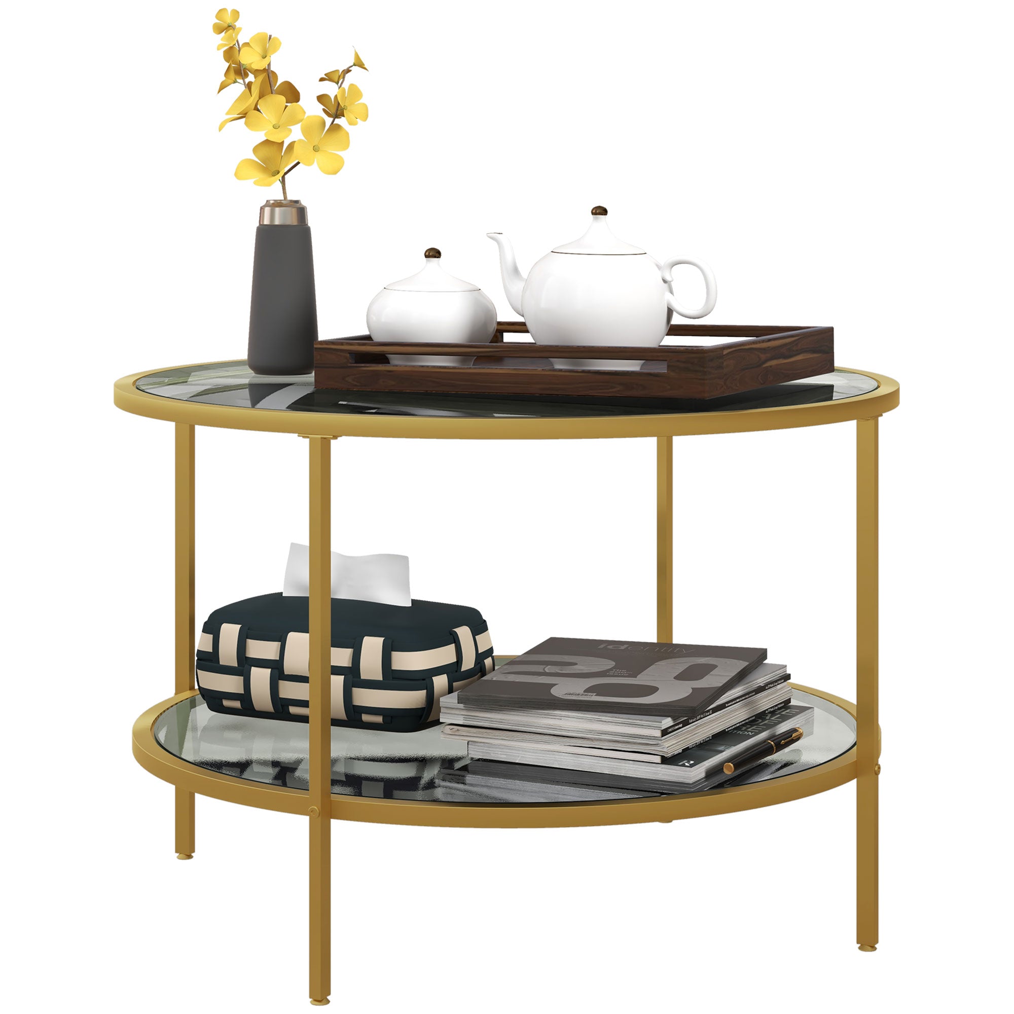 26" Round End Table w/ Storage, 2-Tier Tempered Glass Coffee Table w/ Steel Frame, Gold