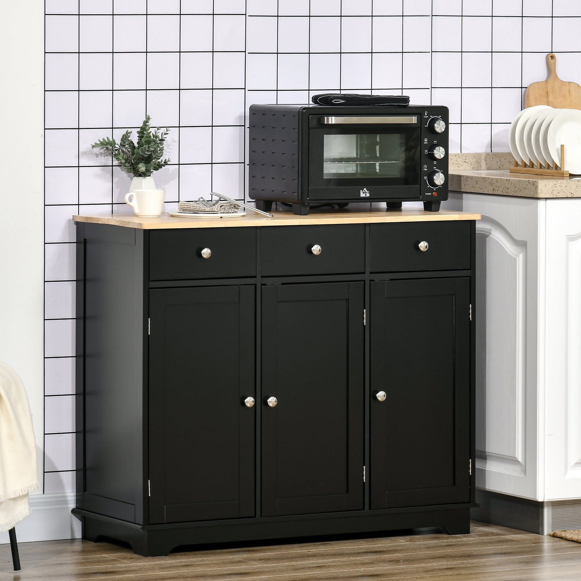 Kitchen Storage Cabinet, Sideboard Floor Cupboard with Solid Wood Top, Adjustable Shelf, and 3 Drawers, Black