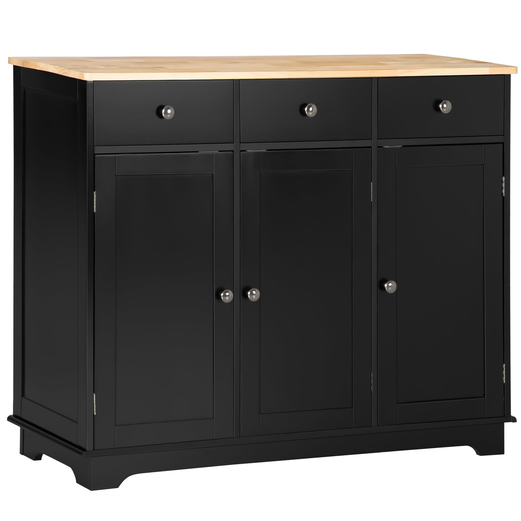 Kitchen Storage Cabinet, Sideboard Floor Cupboard with Solid Wood Top, Adjustable Shelf, and 3 Drawers, Black