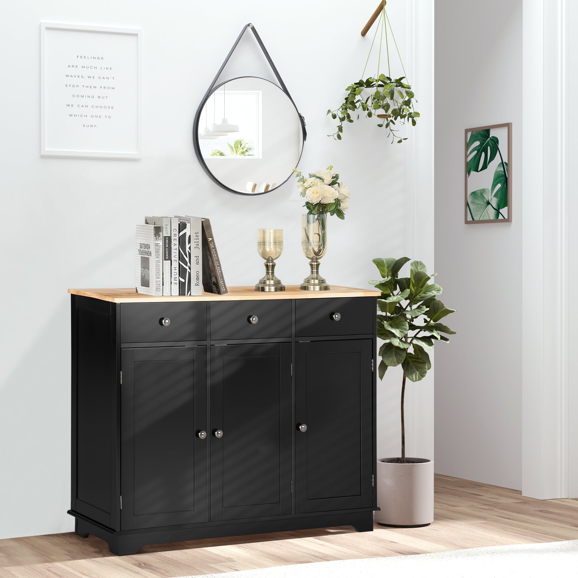 Kitchen Storage Cabinet, Sideboard Floor Cupboard with Solid Wood Top, Adjustable Shelf, and 3 Drawers, Black