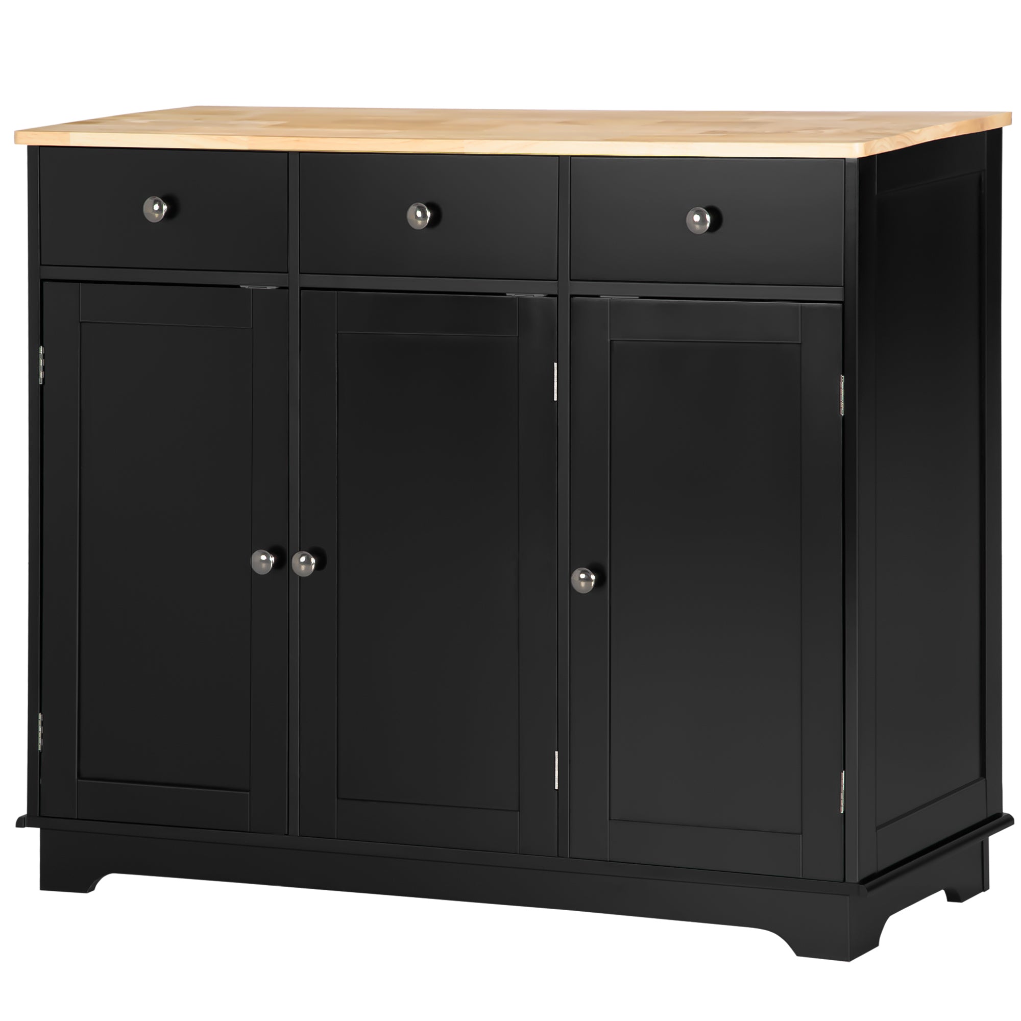 Kitchen Storage Cabinet, Sideboard Floor Cupboard with Solid Wood Top, Adjustable Shelf, and 3 Drawers, Black