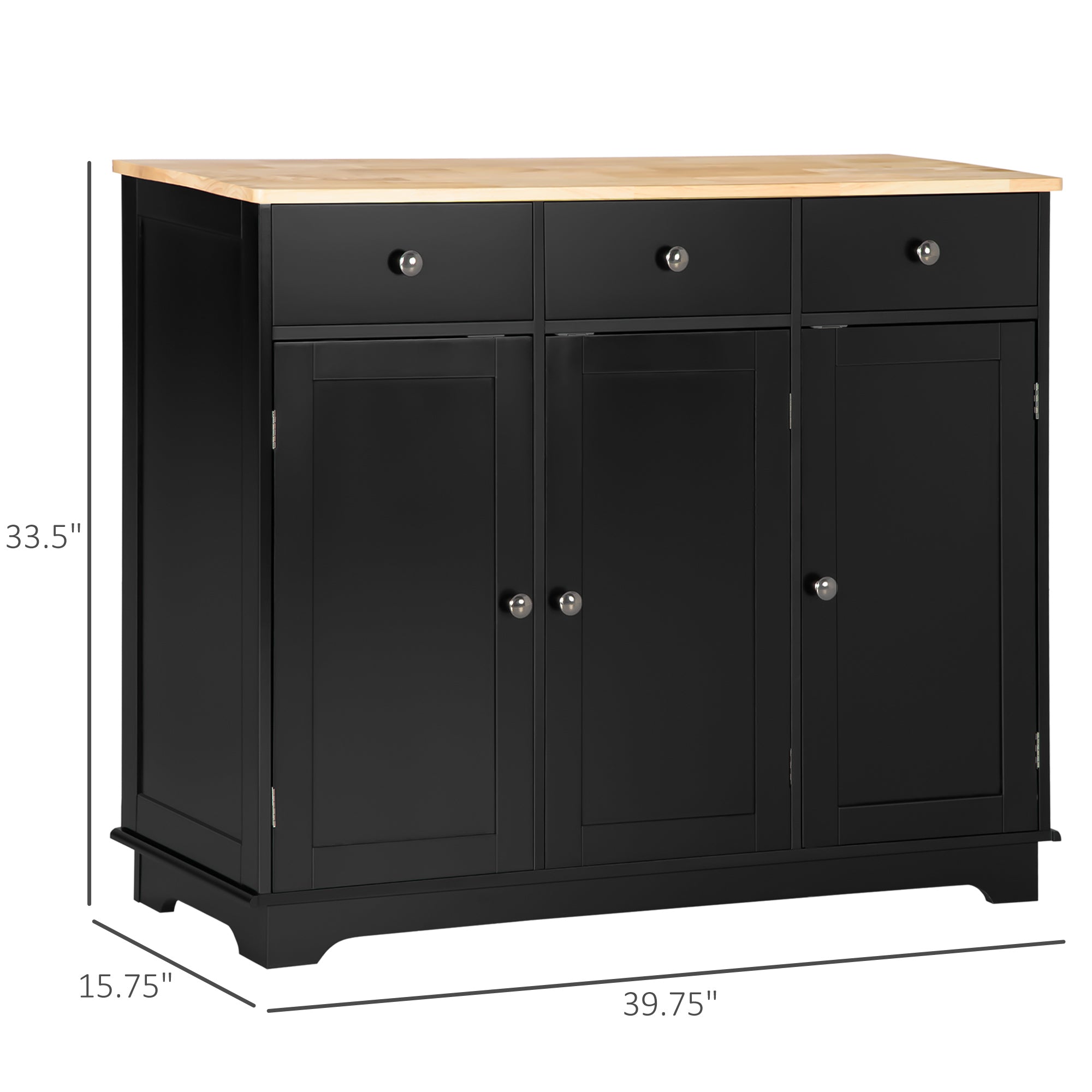 Kitchen Storage Cabinet, Sideboard Floor Cupboard with Solid Wood Top, Adjustable Shelf, and 3 Drawers, Black