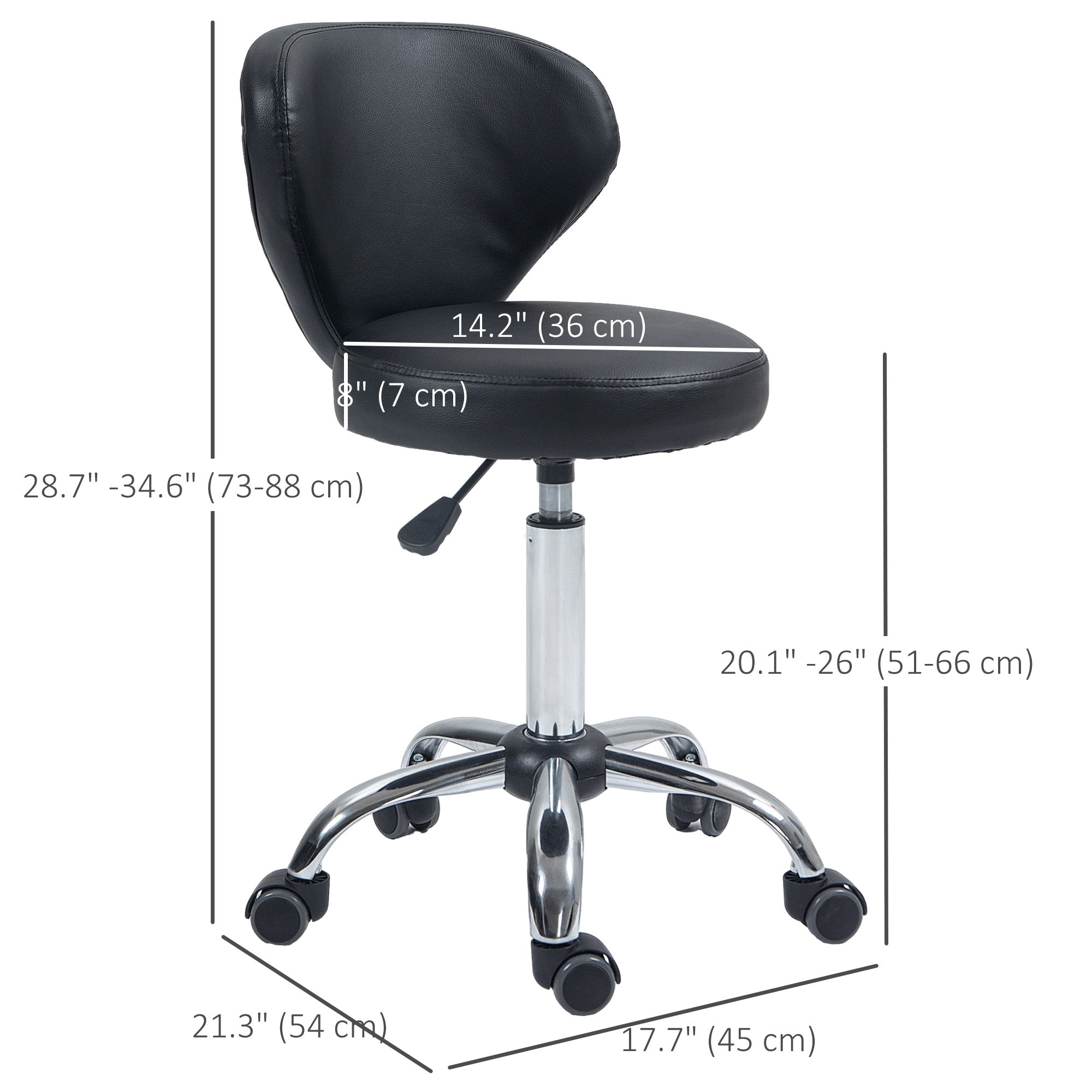 Adjustable Swivel Salon Stool with Backrest and Wheels, Office & Living Room Chair, Synthetic Leather, Black, 17.7" L x 21.3" W x 28.7" - 34.6" H