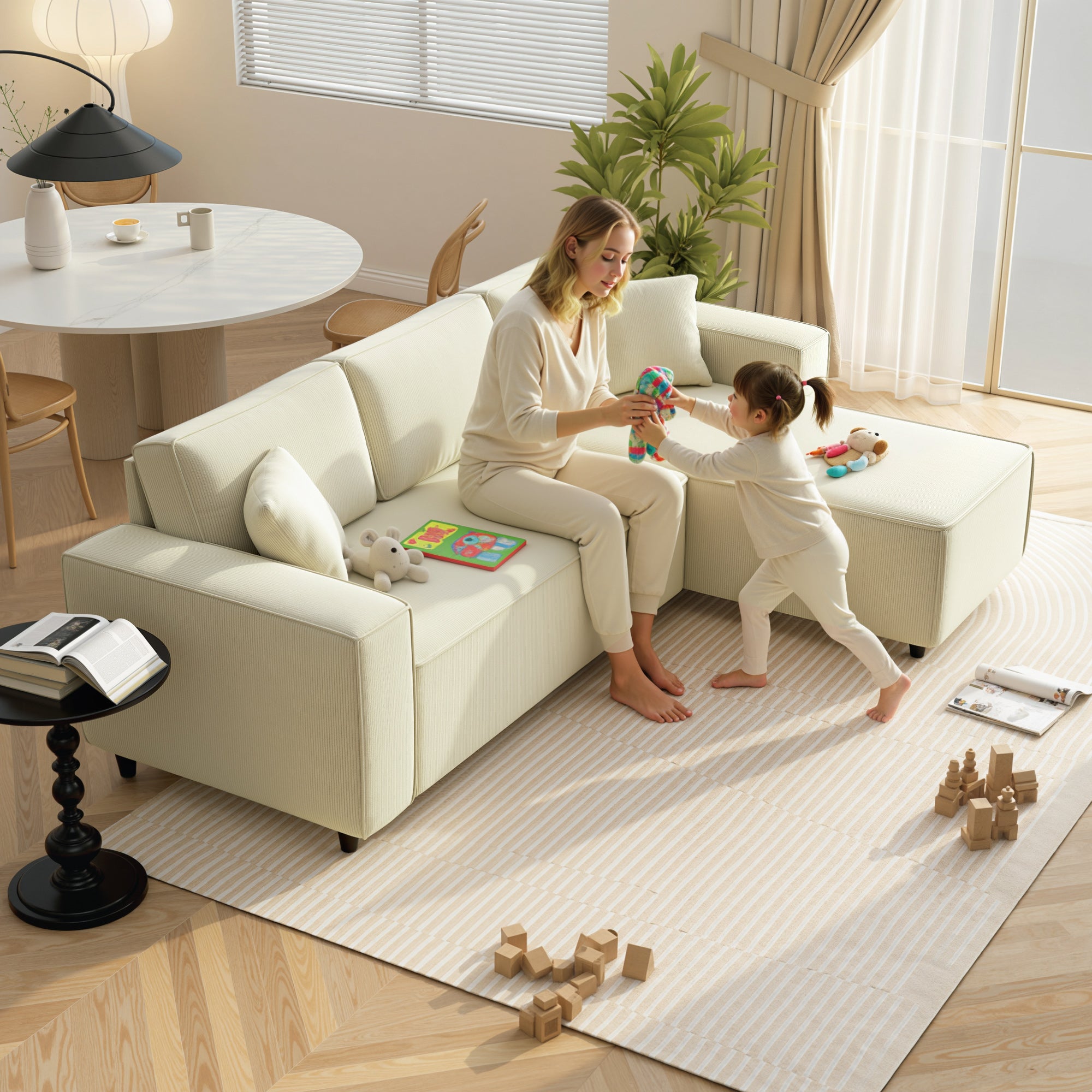 95" Sectional Sofa with Reversible Chaise Lounge, L-Shaped Corner Sofa with Corduroy Fabric, Pocket Spring, 2 Pillows, Wide Arm, Thick Padded, 3 Seat Couch for Living Room, Cream White