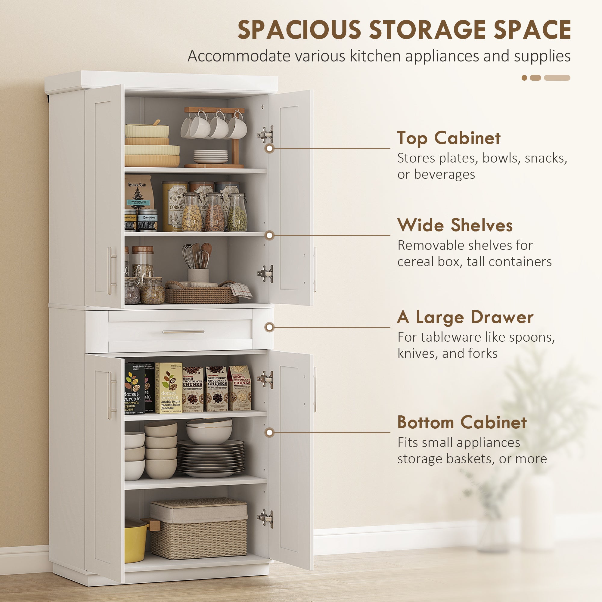 72" Kitchen Pantry Cabinet, Freestanding Tall Storage Cabinet with 4 Doors, Drawer and 3 Adjustable Shelves for Dining Room, White