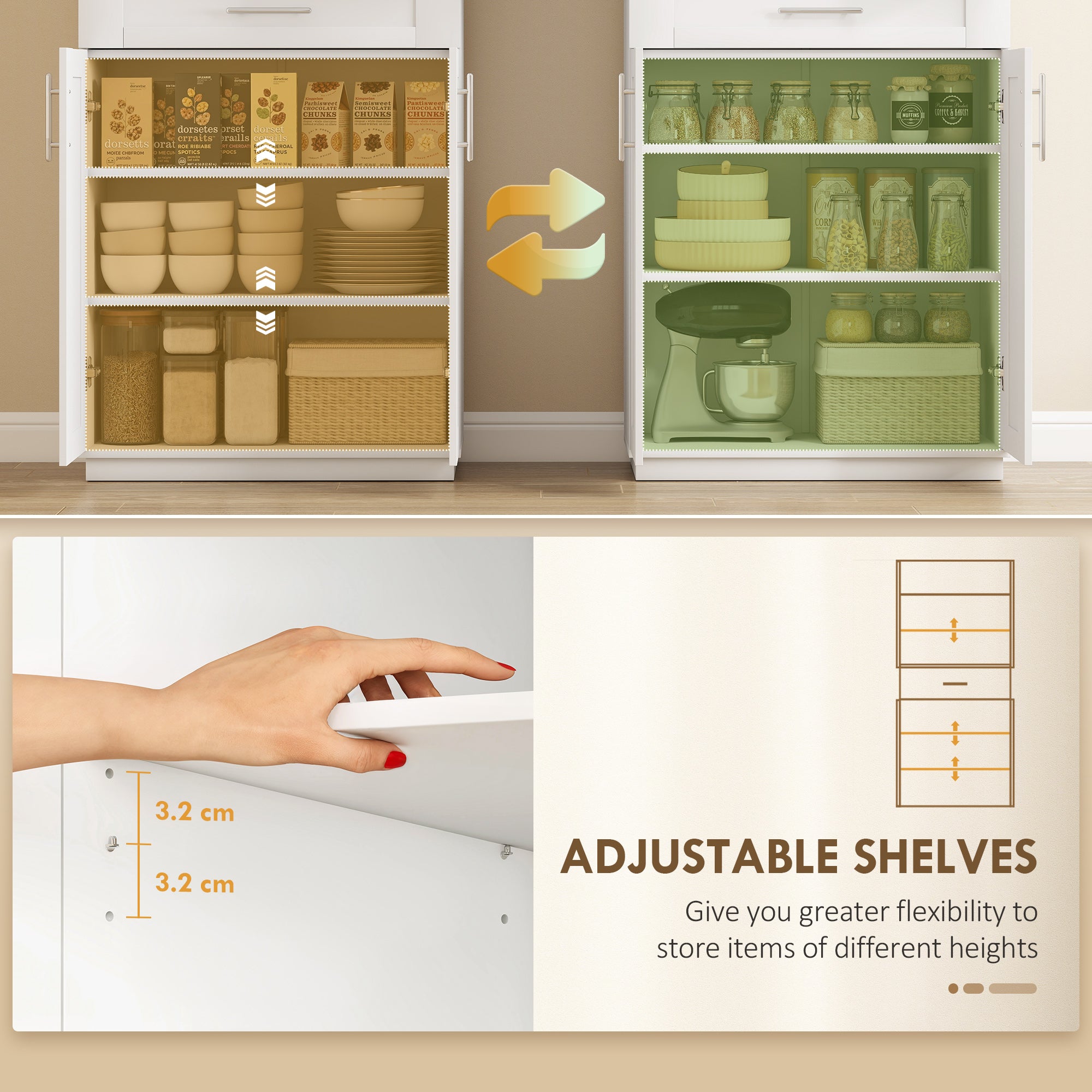 72" Kitchen Pantry Cabinet, Freestanding Tall Storage Cabinet with 4 Doors, Drawer and 3 Adjustable Shelves for Dining Room, White