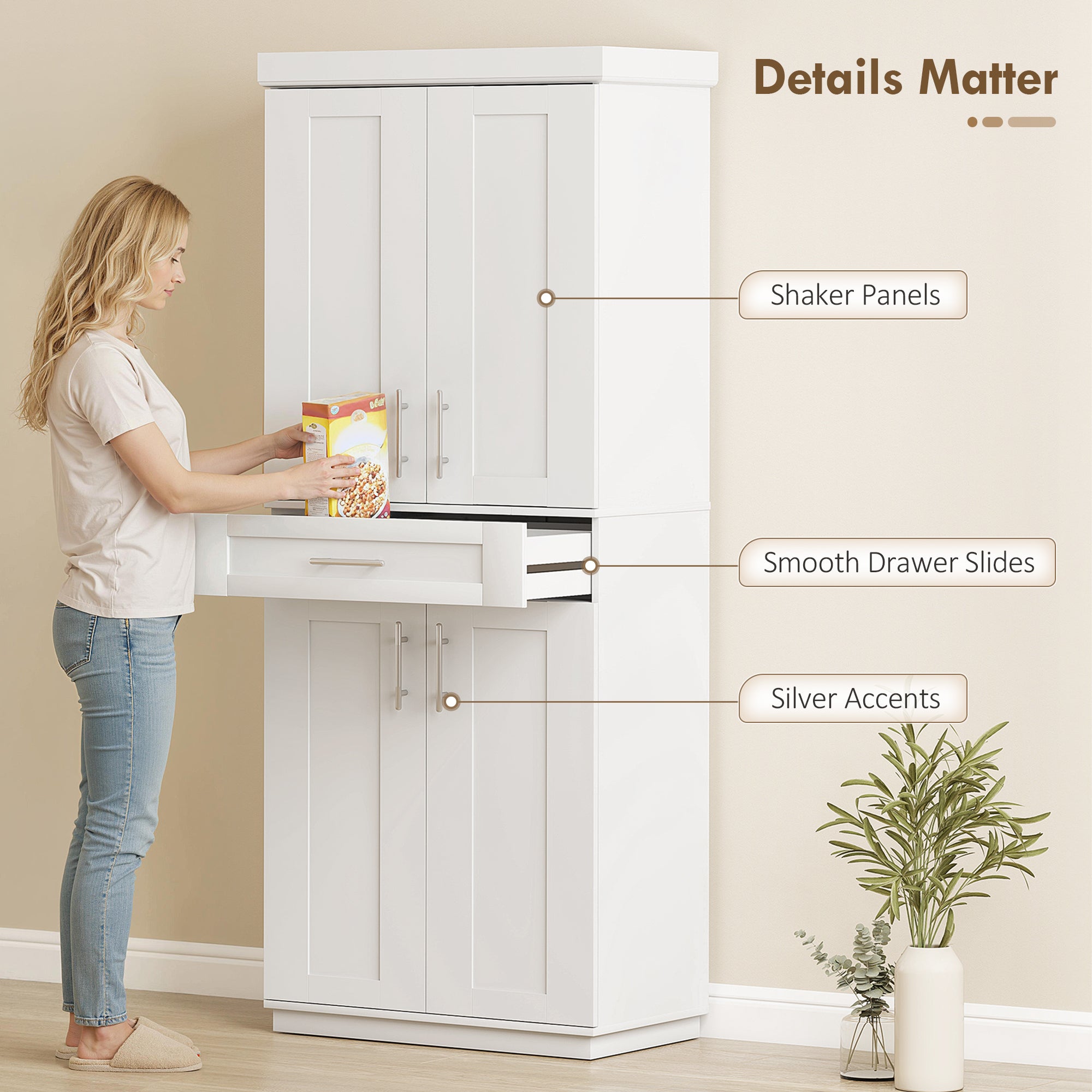 72" Kitchen Pantry Cabinet, Freestanding Tall Storage Cabinet with 4 Doors, Drawer and 3 Adjustable Shelves for Dining Room, White