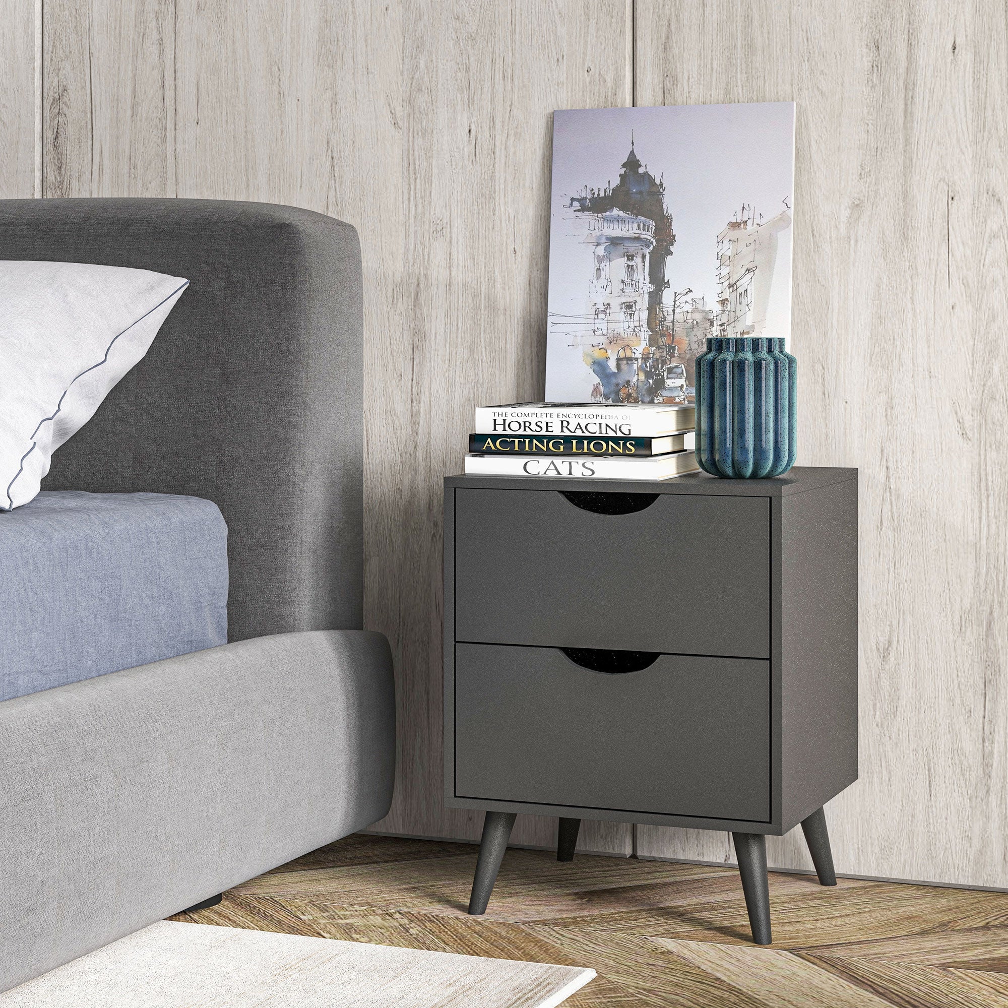 HOMCOM Modern Nightstand, Bedside Table with 2 Drawers, End Table with Wood Legs for Bedroom, Black
