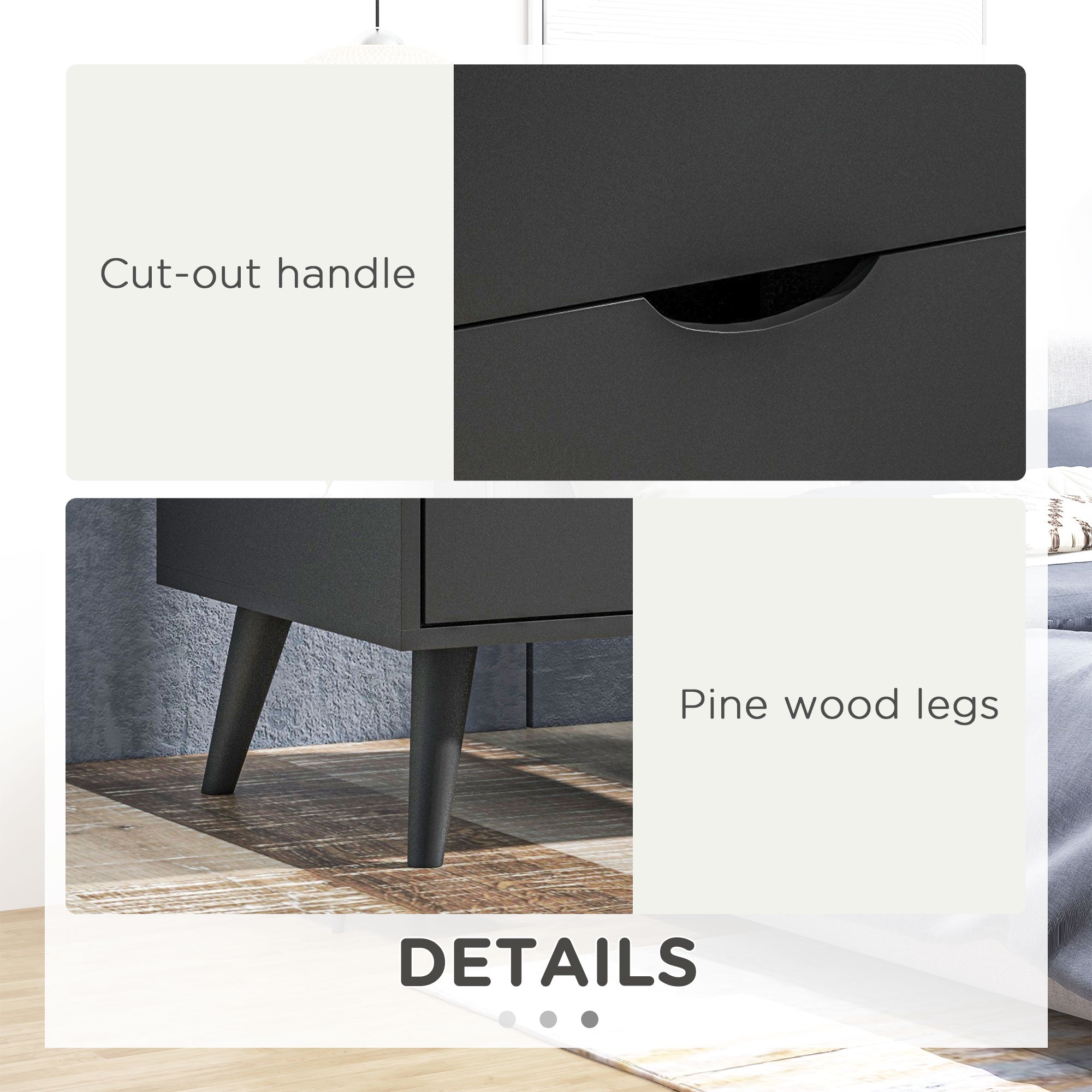 HOMCOM Modern Nightstand, Bedside Table with 2 Drawers, End Table with Wood Legs for Bedroom, Black