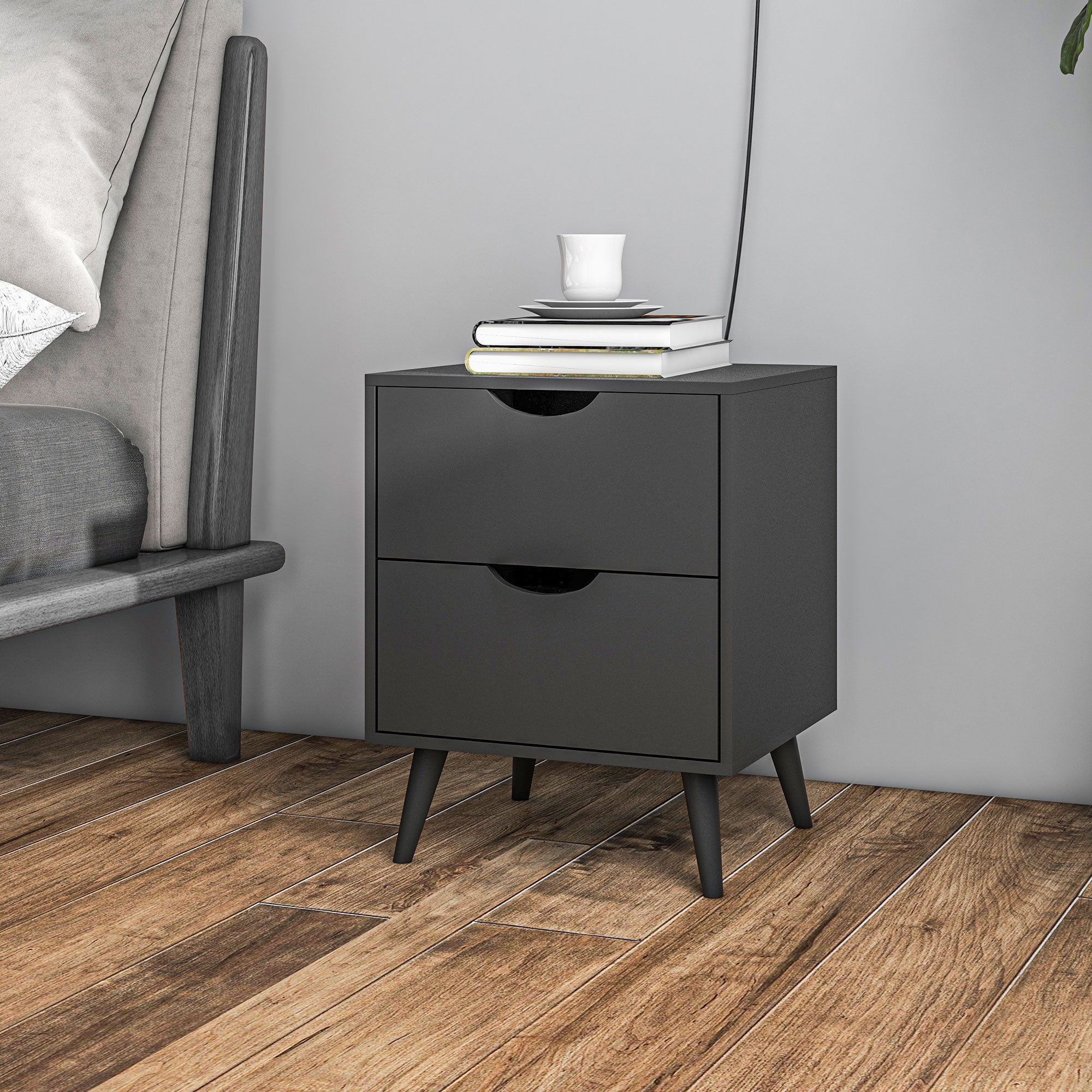 HOMCOM Modern Nightstand, Bedside Table with 2 Drawers, End Table with Wood Legs for Bedroom, Black