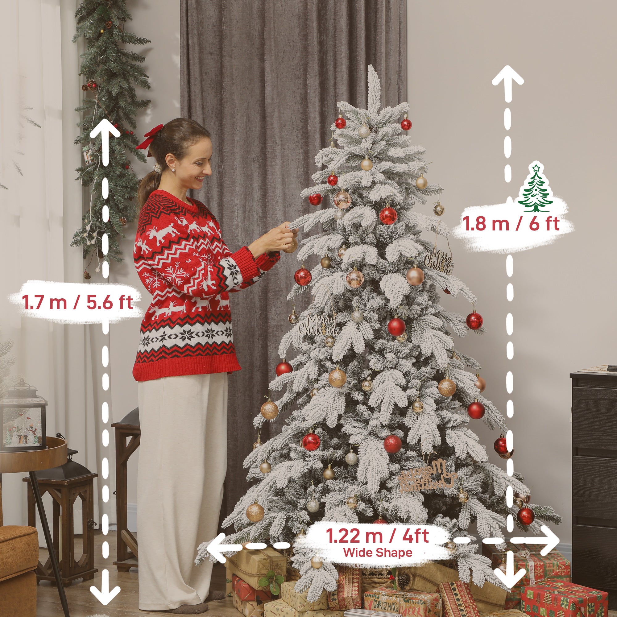 6ft Artificial Christmas Tree, Snow Flocked Christmas Tree with Realistic Dense Branches, Hinged Design, Metal Stand, Wide Shape, Easy Assembly, Xmas Home Decoration, Green White