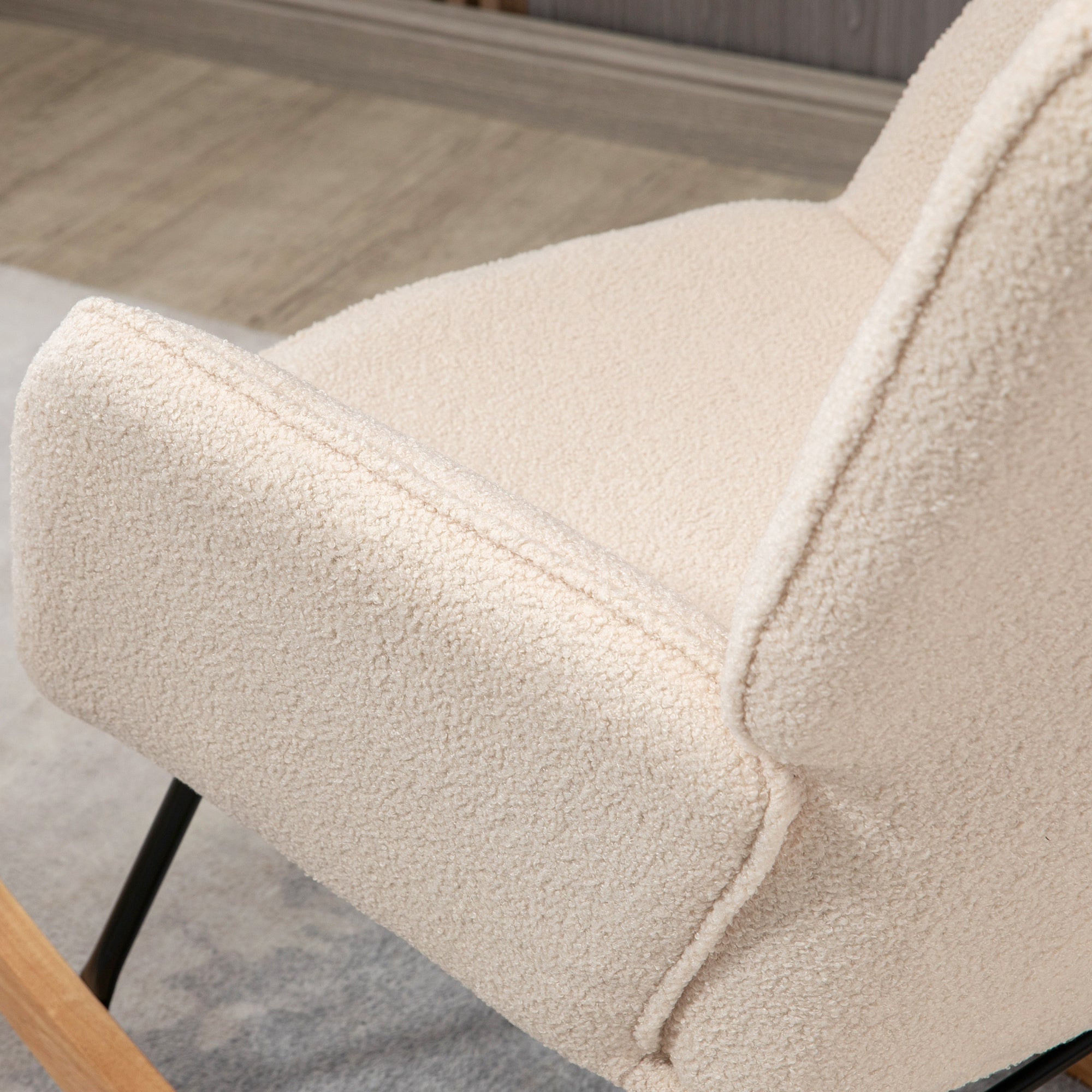 HOMCOM Wingback Rocking Chair with Wooden Base, Fleece Glider Rocker for Nursing, Modern Armchair - Beige