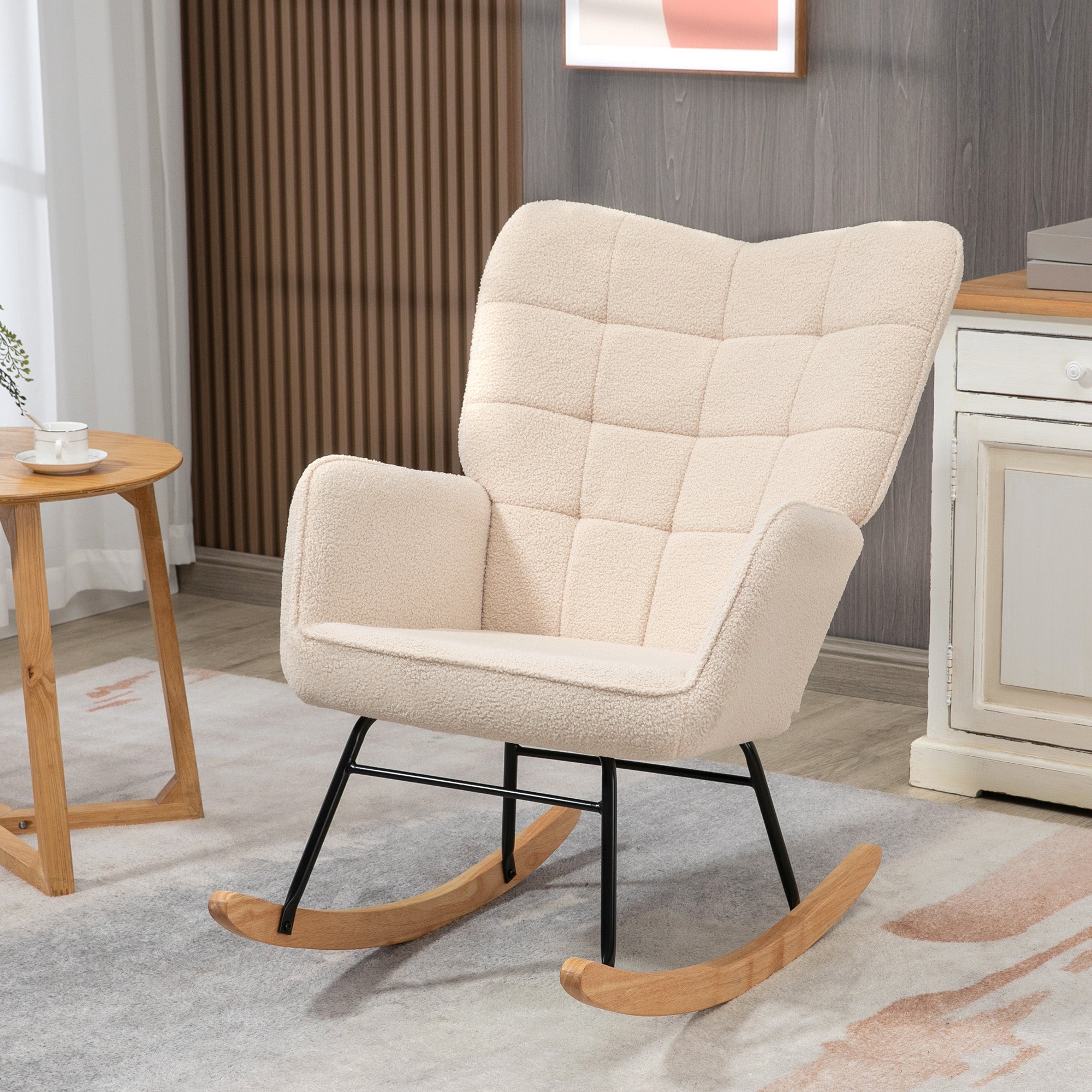 HOMCOM Wingback Rocking Chair with Wooden Base, Fleece Glider Rocker for Nursing, Modern Armchair - Beige