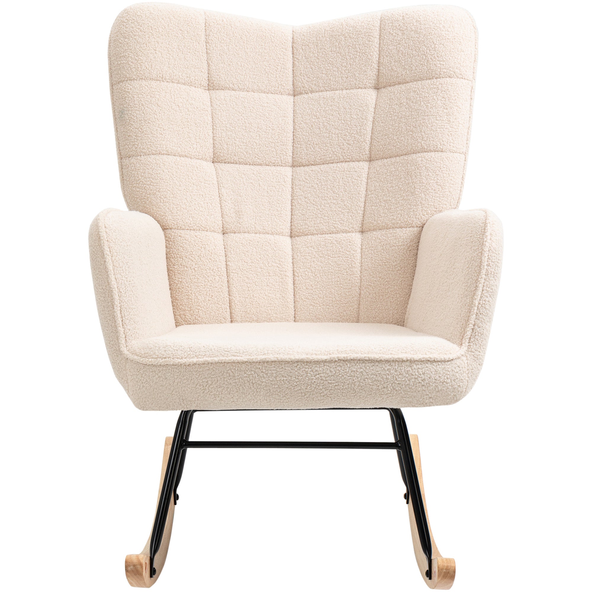 HOMCOM Wingback Rocking Chair with Wooden Base, Fleece Glider Rocker for Nursing, Modern Armchair - Beige