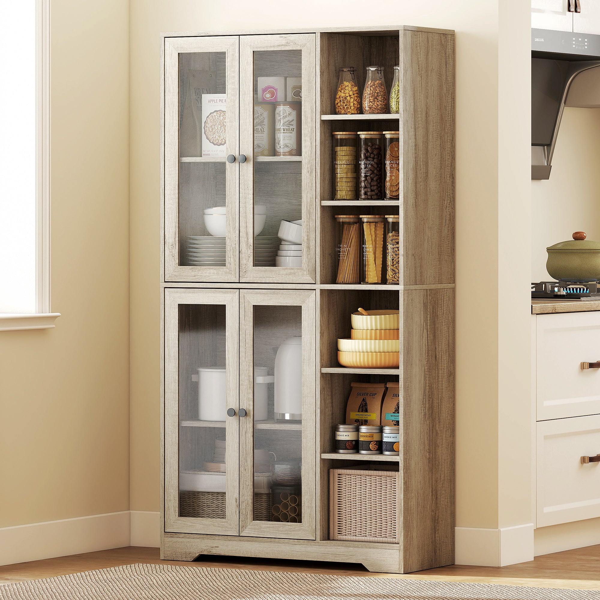 172 cm Tall Kitchen Cupboard, Pantry Storage Cabinet with Tempered Glass Doors and Soft-Close Hinges, Freestanding Kitchen Cabinet with Adjustable Shelves and 6 Open Shelves, Light Grey