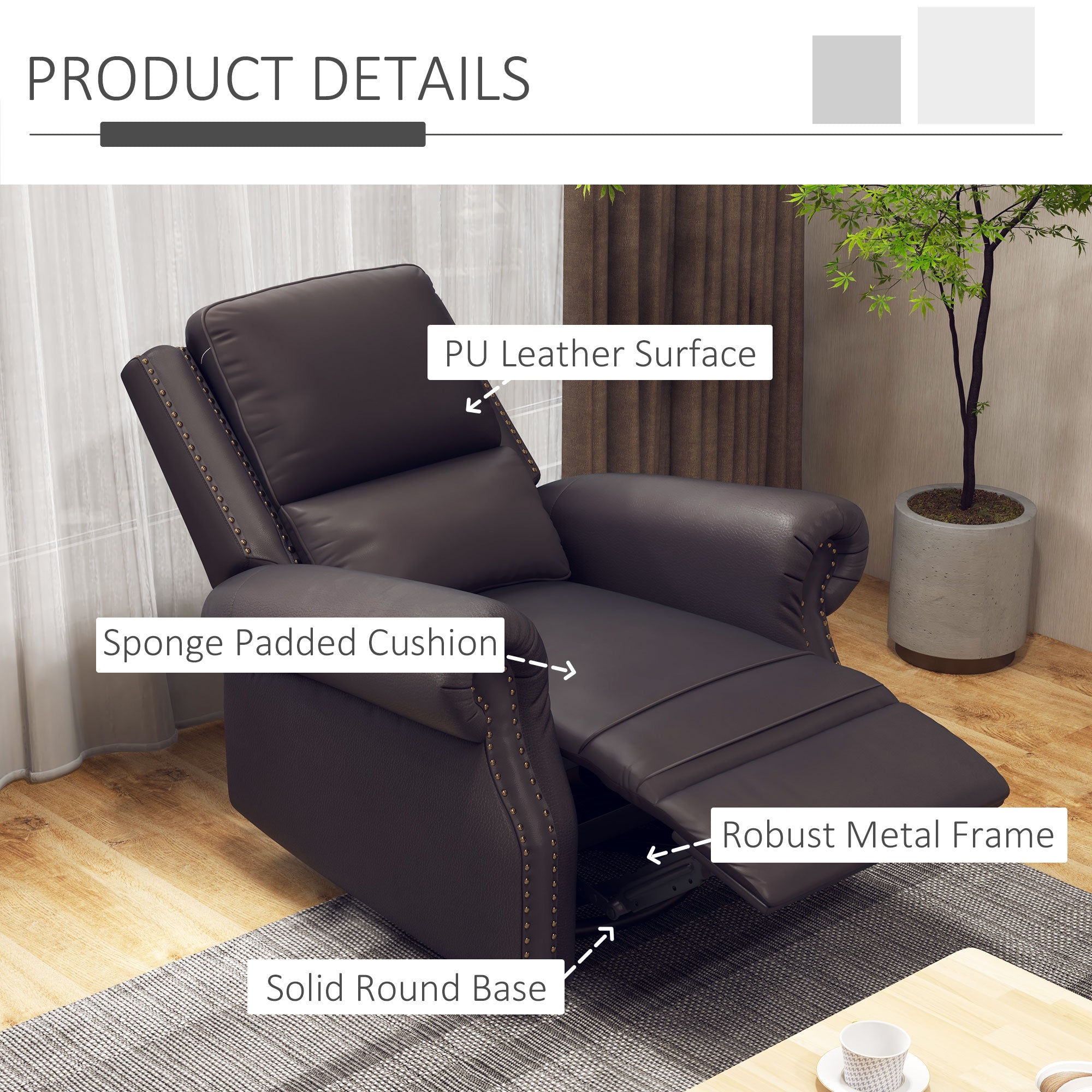 HOMCOM Manual Recliner Chair 360° Swivel Rocking Armchair Sofa with PU Leather Padded Cushion and Backrest for Living Room Brown