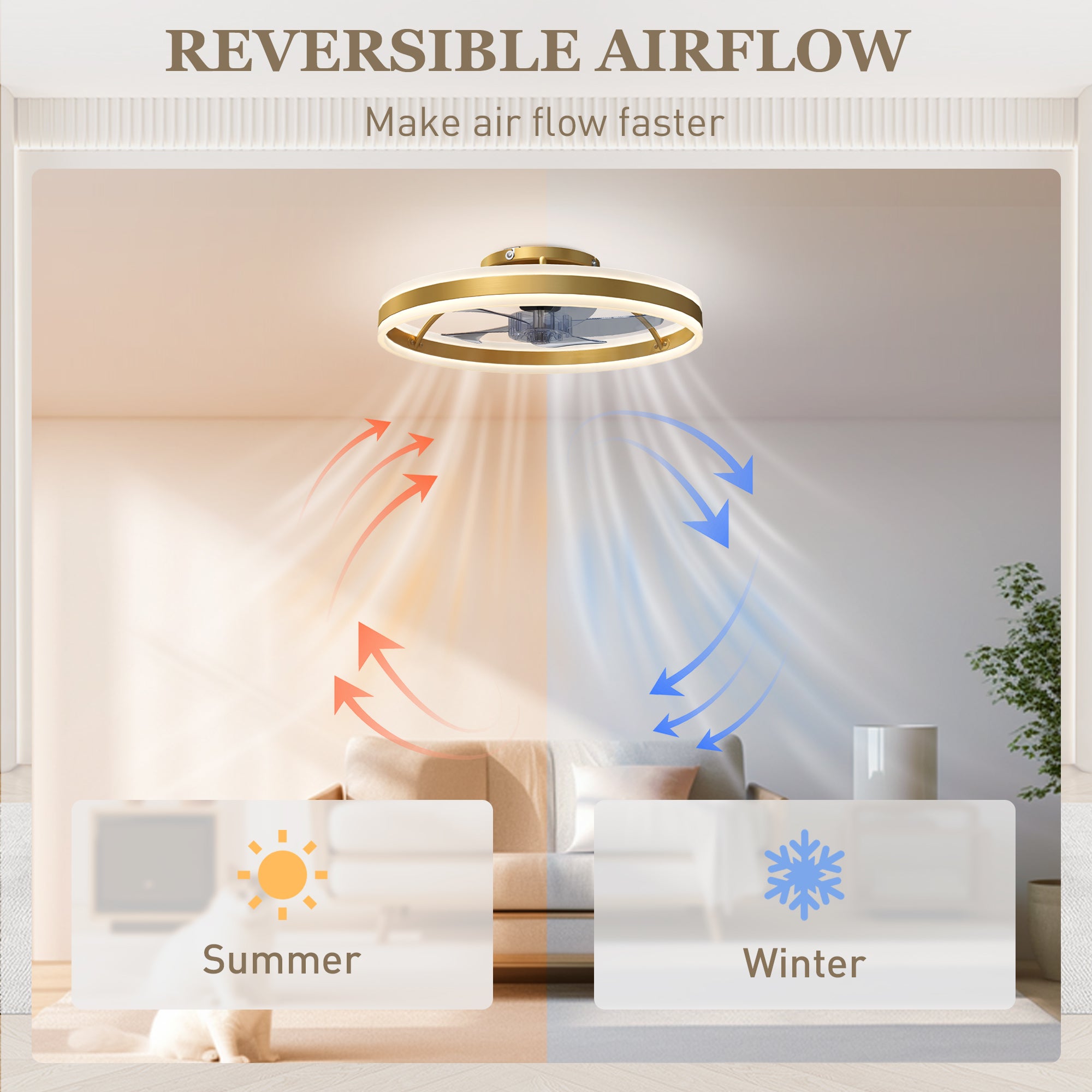 Ceiling Fans with Lights and Remote & App Control, 50 cm Modern LED Ceiling Fan Light with 3 Colour Temperatures, 6 Speed, Dimmable, Timer Quiet Reversible DC Motor, for Bedroom, Gold Tone