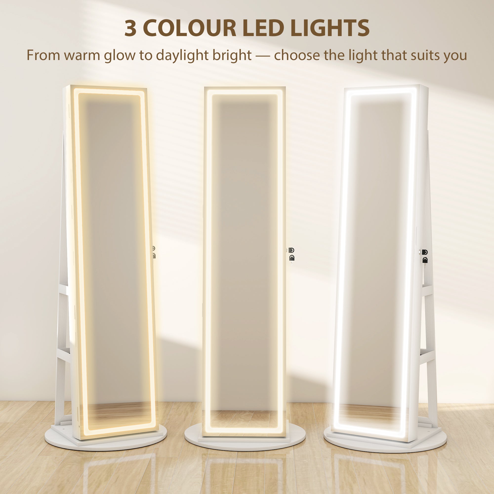 360° Swivel Mirror Jewellery Cabinet with 3 Colour LED Lights, Lockable Jewellery Organiser, Free Standing Full Length Mirror with Storage for Earrings, Necklaces, Rings and Lipsticks, White