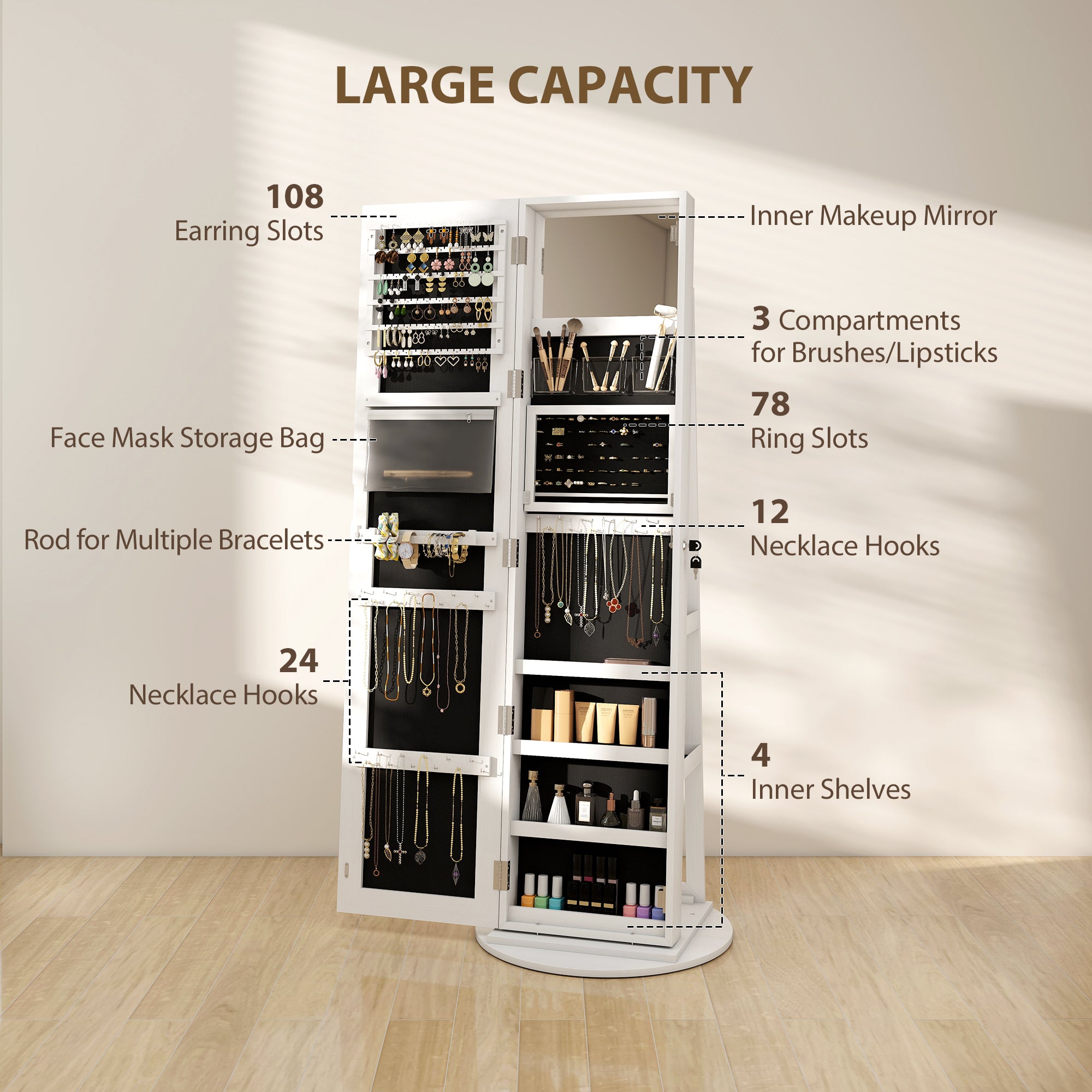 360° Swivel Mirror Jewellery Cabinet with 3 Colour LED Lights, Lockable Jewellery Organiser, Free Standing Full Length Mirror with Storage for Earrings, Necklaces, Rings and Lipsticks, White