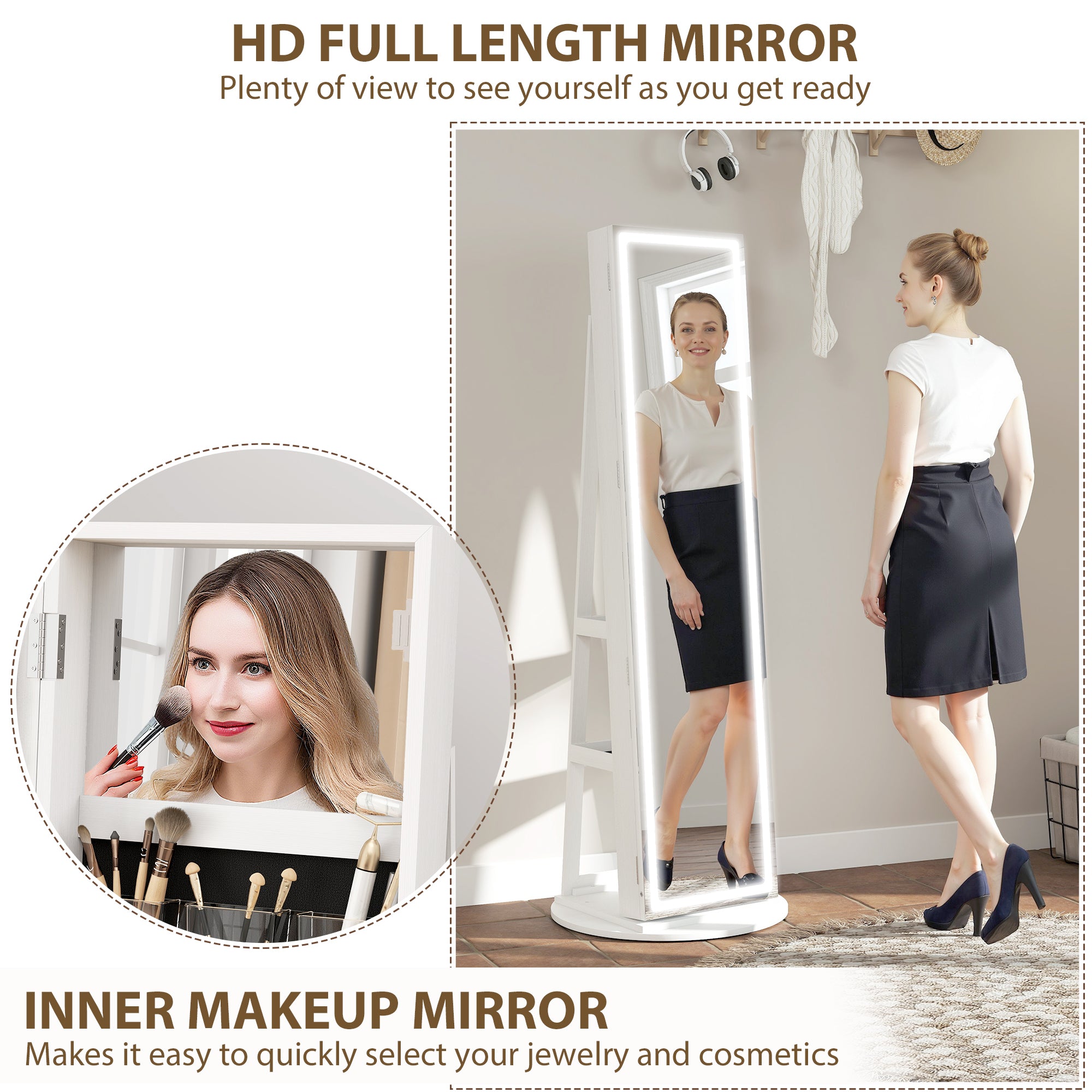 360° Swivel Mirror Jewellery Cabinet with 3 Colour LED Lights, Lockable Jewellery Organiser, Free Standing Full Length Mirror with Storage for Earrings, Necklaces, Rings and Lipsticks, White