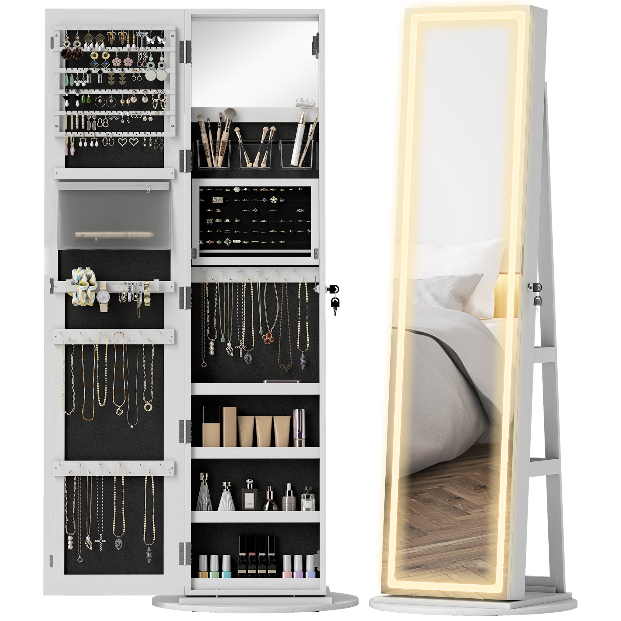 360° Swivel Mirror Jewellery Cabinet with 3 Colour LED Lights, Lockable Jewellery Organiser, Free Standing Full Length Mirror with Storage for Earrings, Necklaces, Rings and Lipsticks, White