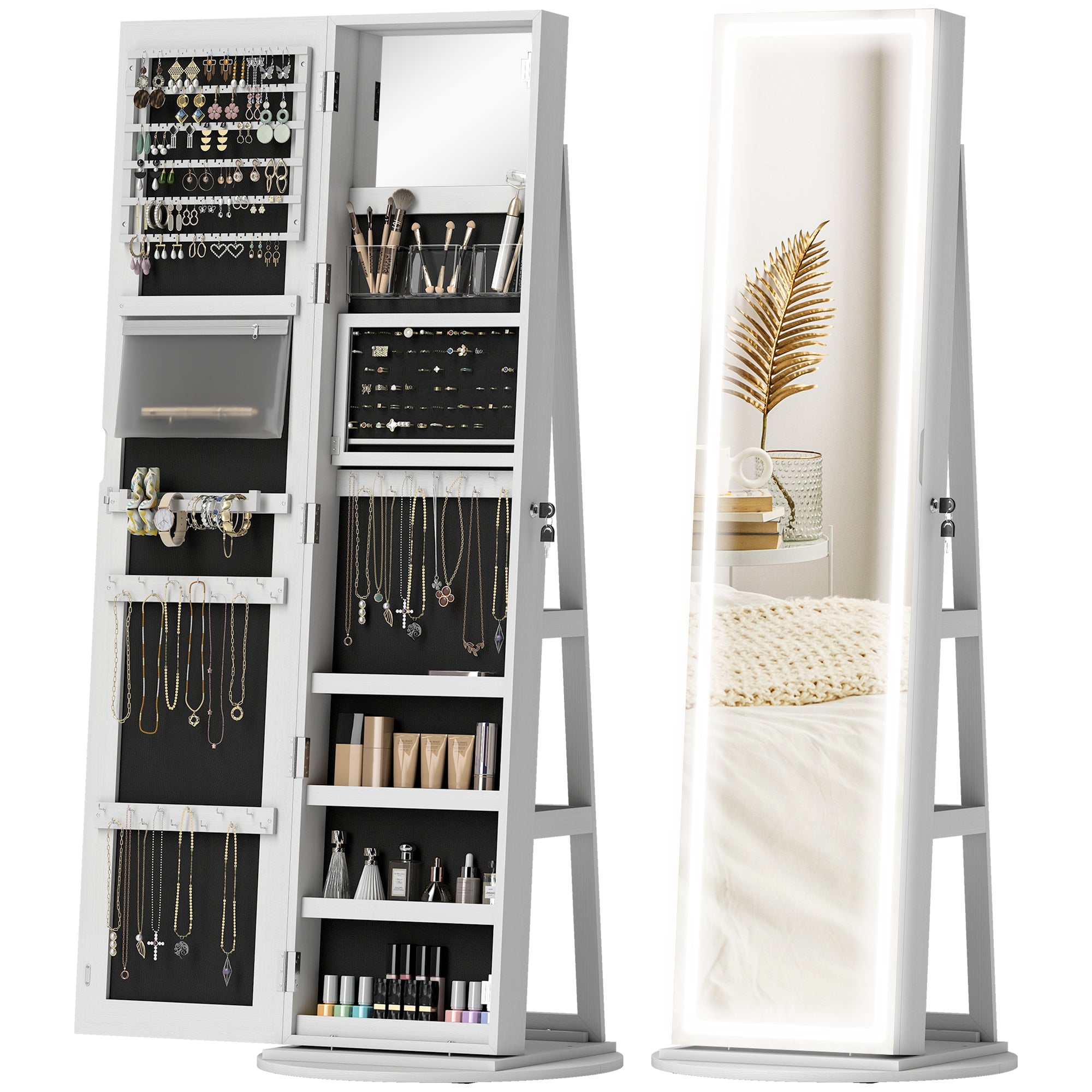 360° Swivel Mirror Jewellery Cabinet with 3 Colour LED Lights, Lockable Jewellery Organiser, Free Standing Full Length Mirror with Storage for Earrings, Necklaces, Rings and Lipsticks, White