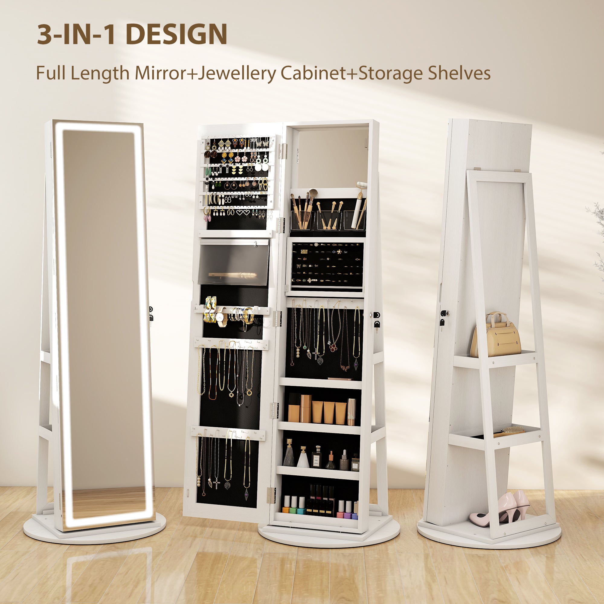 360° Swivel Mirror Jewellery Cabinet with 3 Colour LED Lights, Lockable Jewellery Organiser, Free Standing Full Length Mirror with Storage for Earrings, Necklaces, Rings and Lipsticks, White