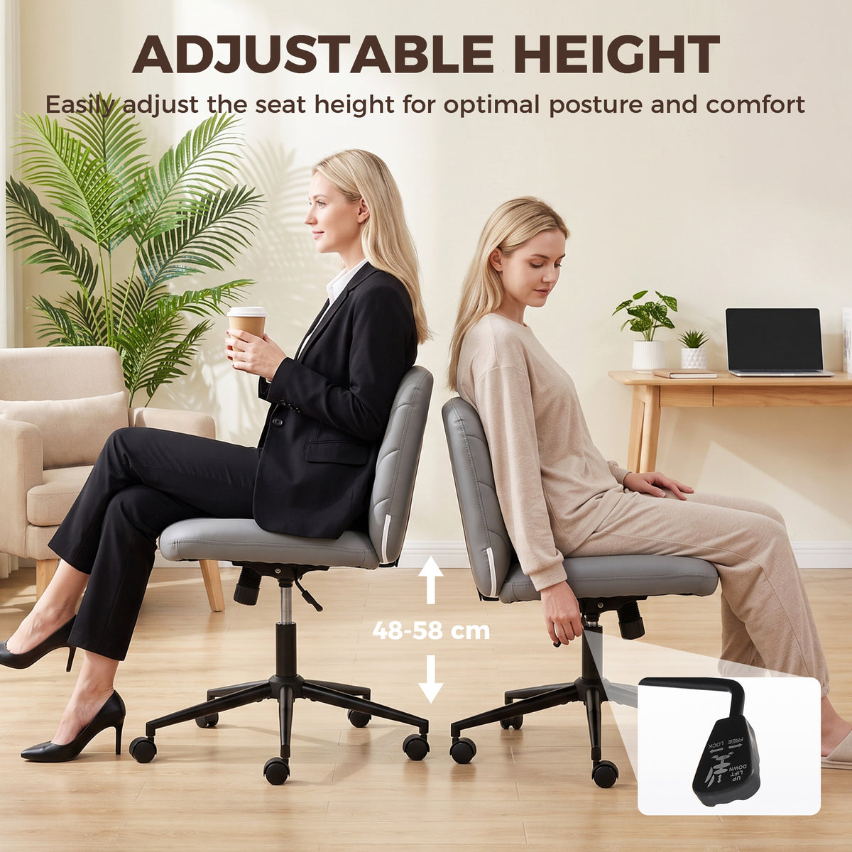 Criss Cross Legged Office Chair with Wide Seat, Swivel Desk Chair with Wheels, Rocking Function, Backrest, Adjustable Height, High-Density Foam, Computer Seat for Home Office, Bedroom, Grey