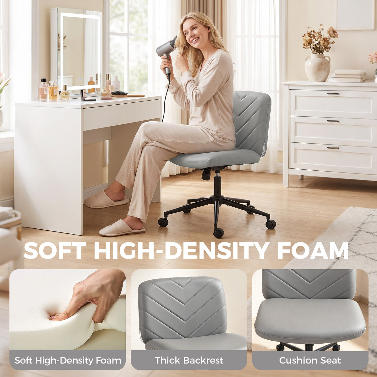 Criss Cross Legged Office Chair with Wide Seat, Swivel Desk Chair with Wheels, Rocking Function, Backrest, Adjustable Height, High-Density Foam, Computer Seat for Home Office, Bedroom, Grey