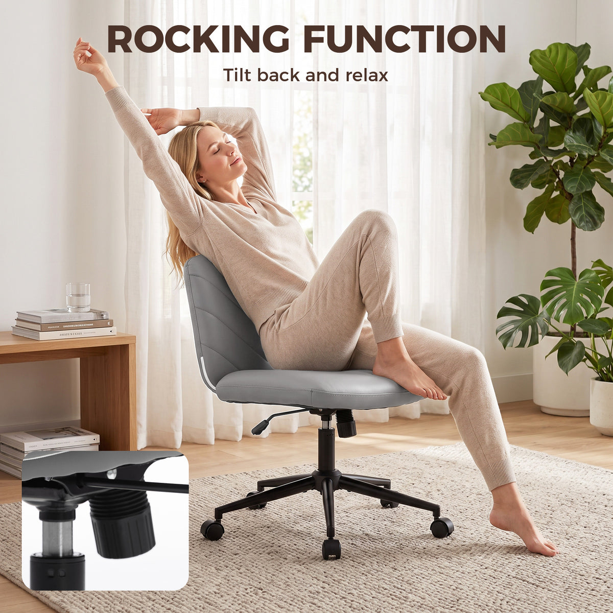 Criss Cross Legged Office Chair with Wide Seat, Swivel Desk Chair with Wheels, Rocking Function, Backrest, Adjustable Height, High-Density Foam, Computer Seat for Home Office, Bedroom, Grey