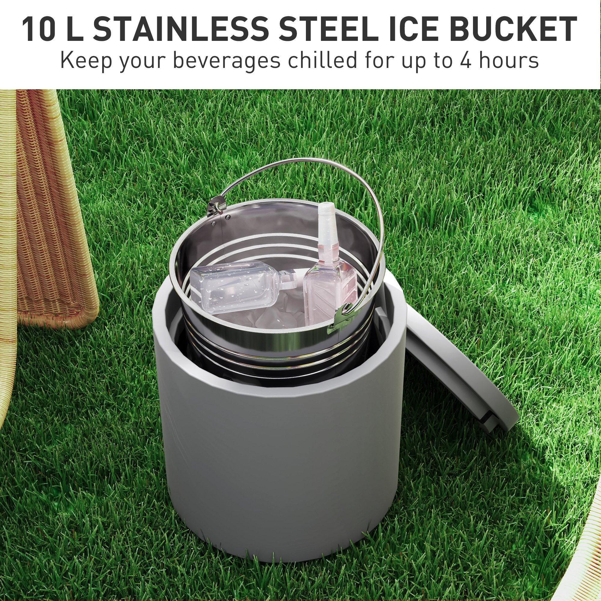 HOMCOM 2.6 Gal Outdoor Cooler Side Table, 3-In-1 Cool Bar Table with Storage, Removable Ice Bucket and Lid, Concrete Small Patio Table for Party, Poolside, Deck, Light Gray