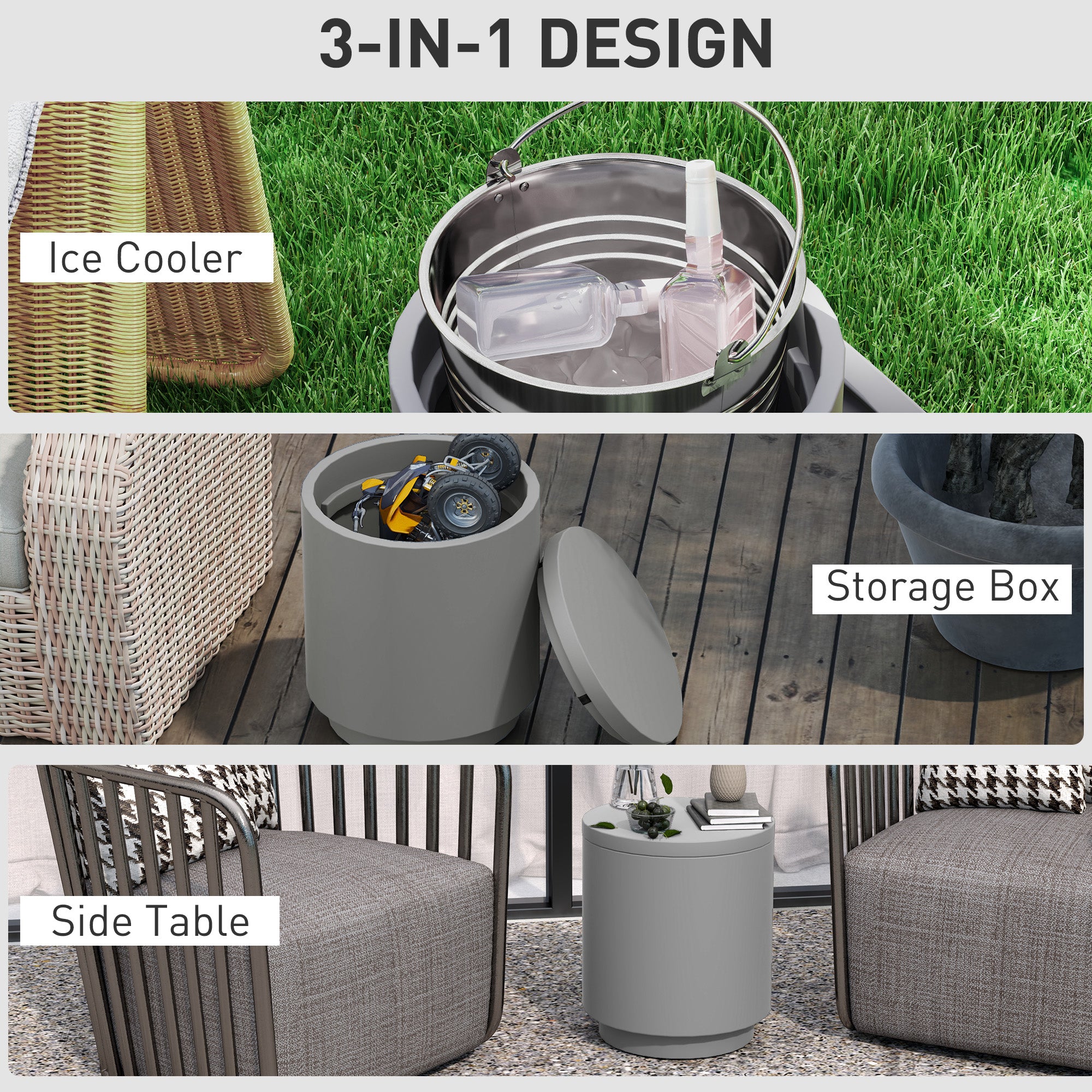 HOMCOM 2.6 Gal Outdoor Cooler Side Table, 3-In-1 Cool Bar Table with Storage, Removable Ice Bucket and Lid, Concrete Small Patio Table for Party, Poolside, Deck, Light Gray