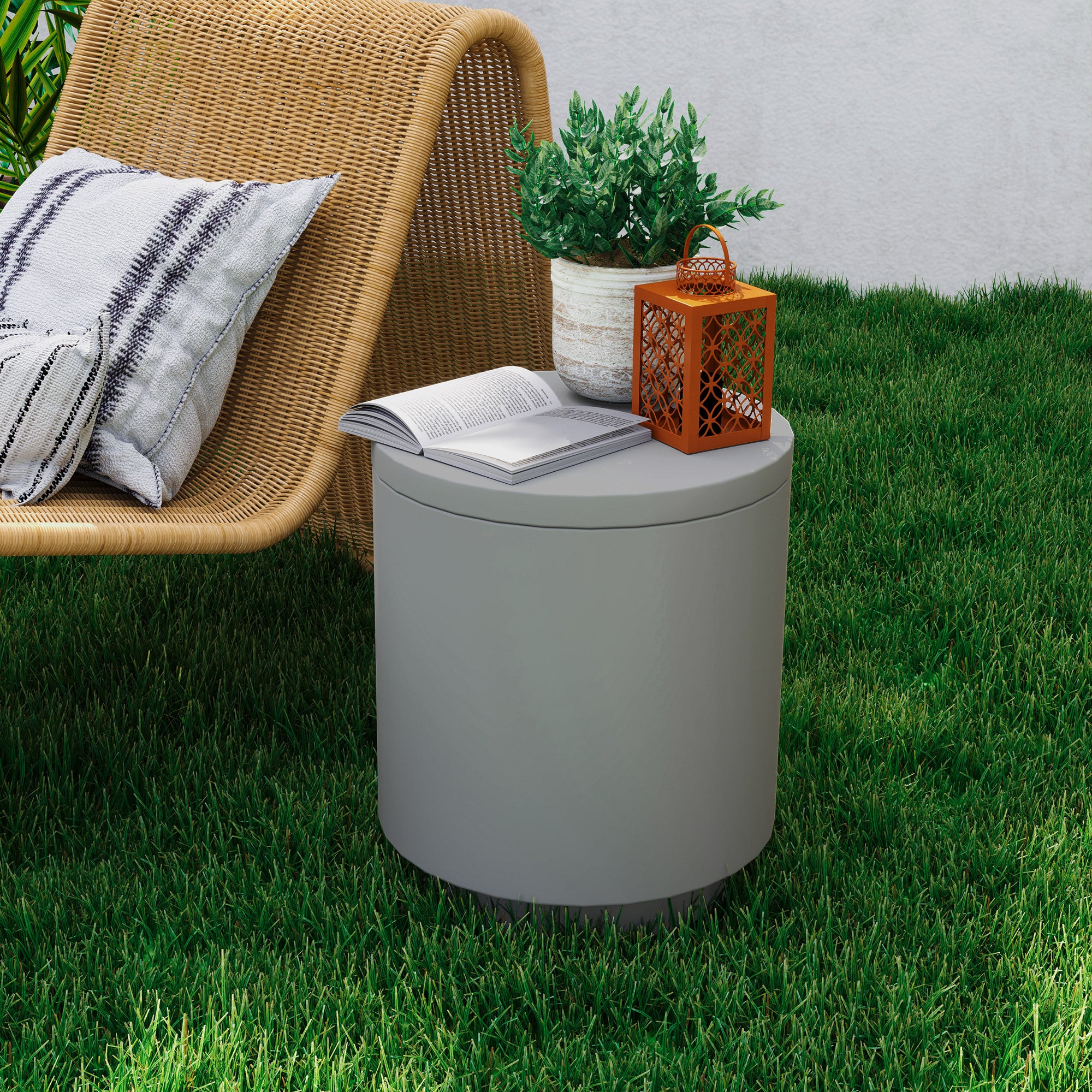 HOMCOM 2.6 Gal Outdoor Cooler Side Table, 3-In-1 Cool Bar Table with Storage, Removable Ice Bucket and Lid, Concrete Small Patio Table for Party, Poolside, Deck, Light Gray