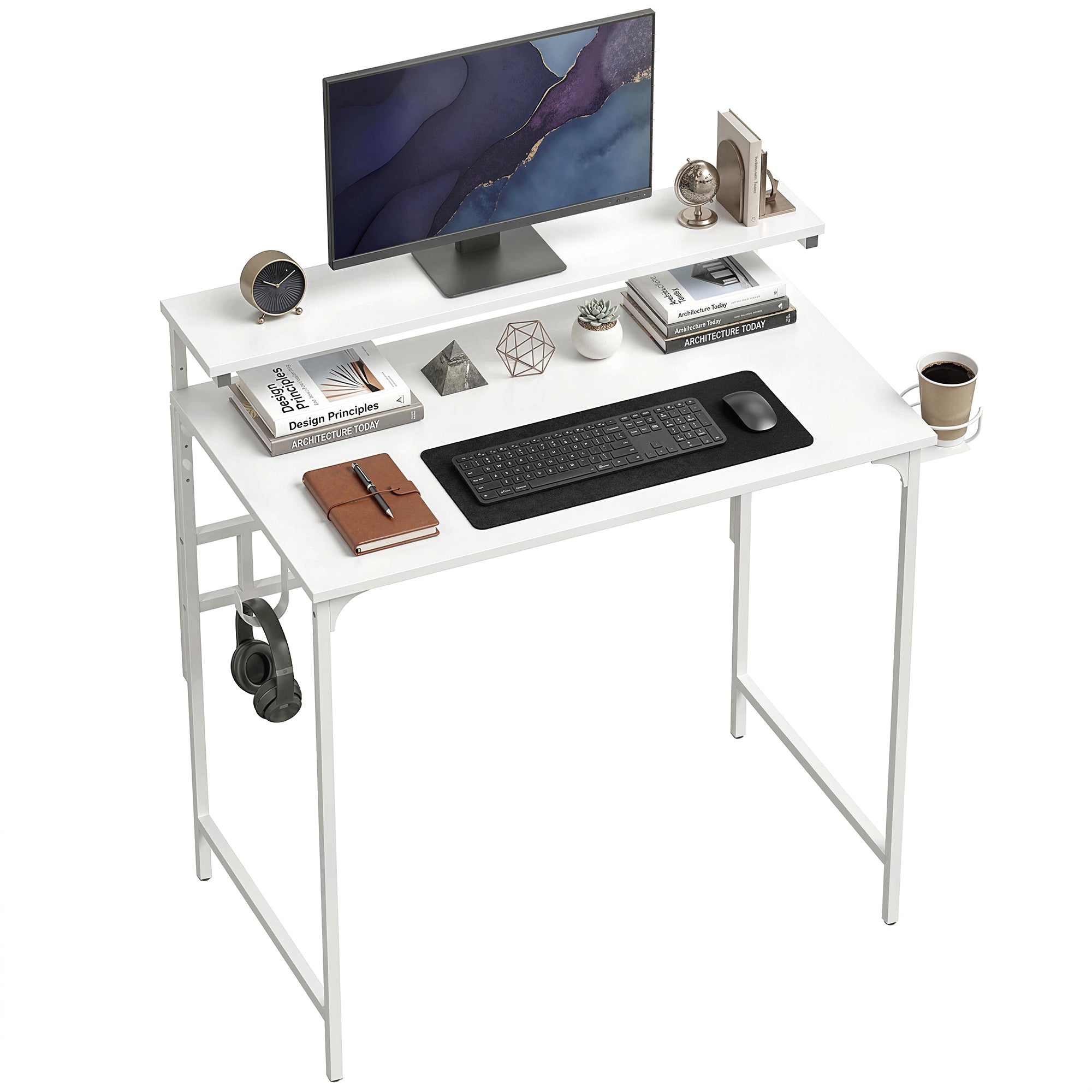 Computer Desk, 80cm Home Office Study Table with Hutch Shelf, Cup Holder, Headphone Hook, Metal Frame, Space Saving Writing Desk, White