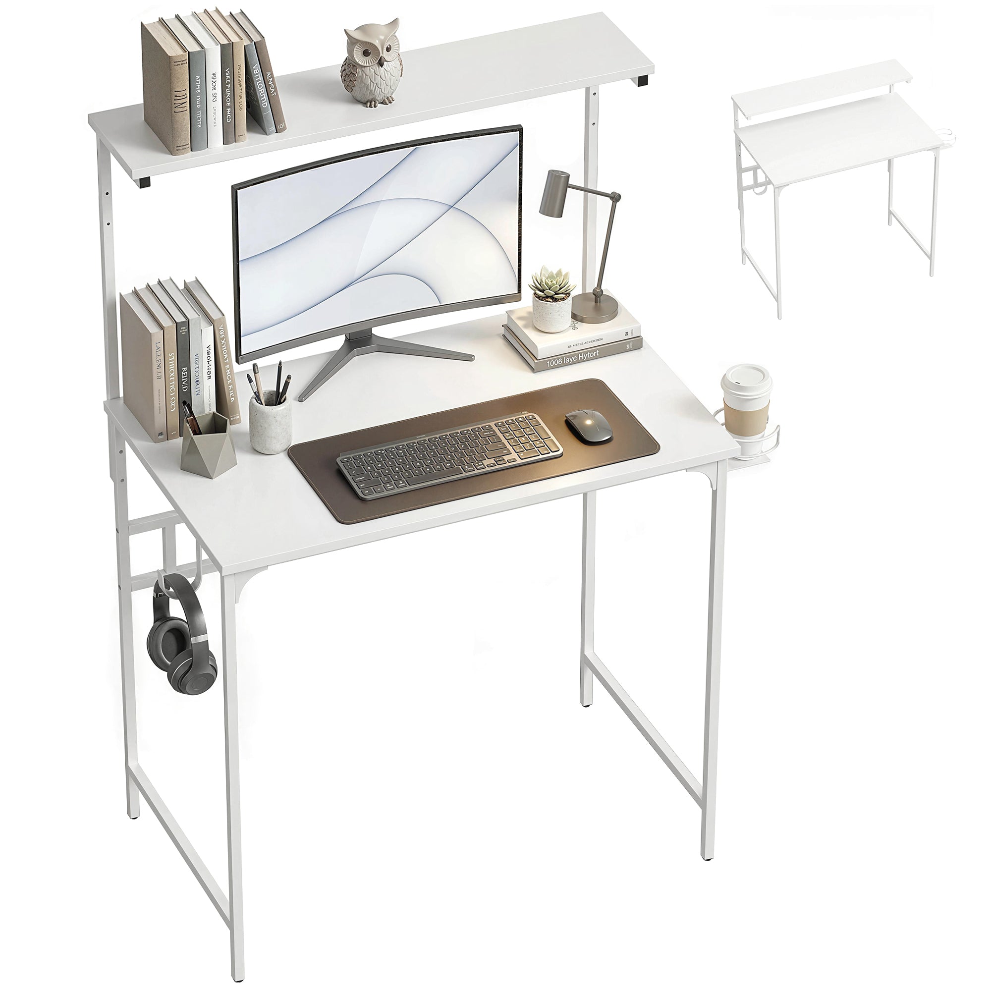 Computer Desk, 80cm Home Office Study Table with Hutch Shelf, Cup Holder, Headphone Hook, Metal Frame, Space Saving Writing Desk, White